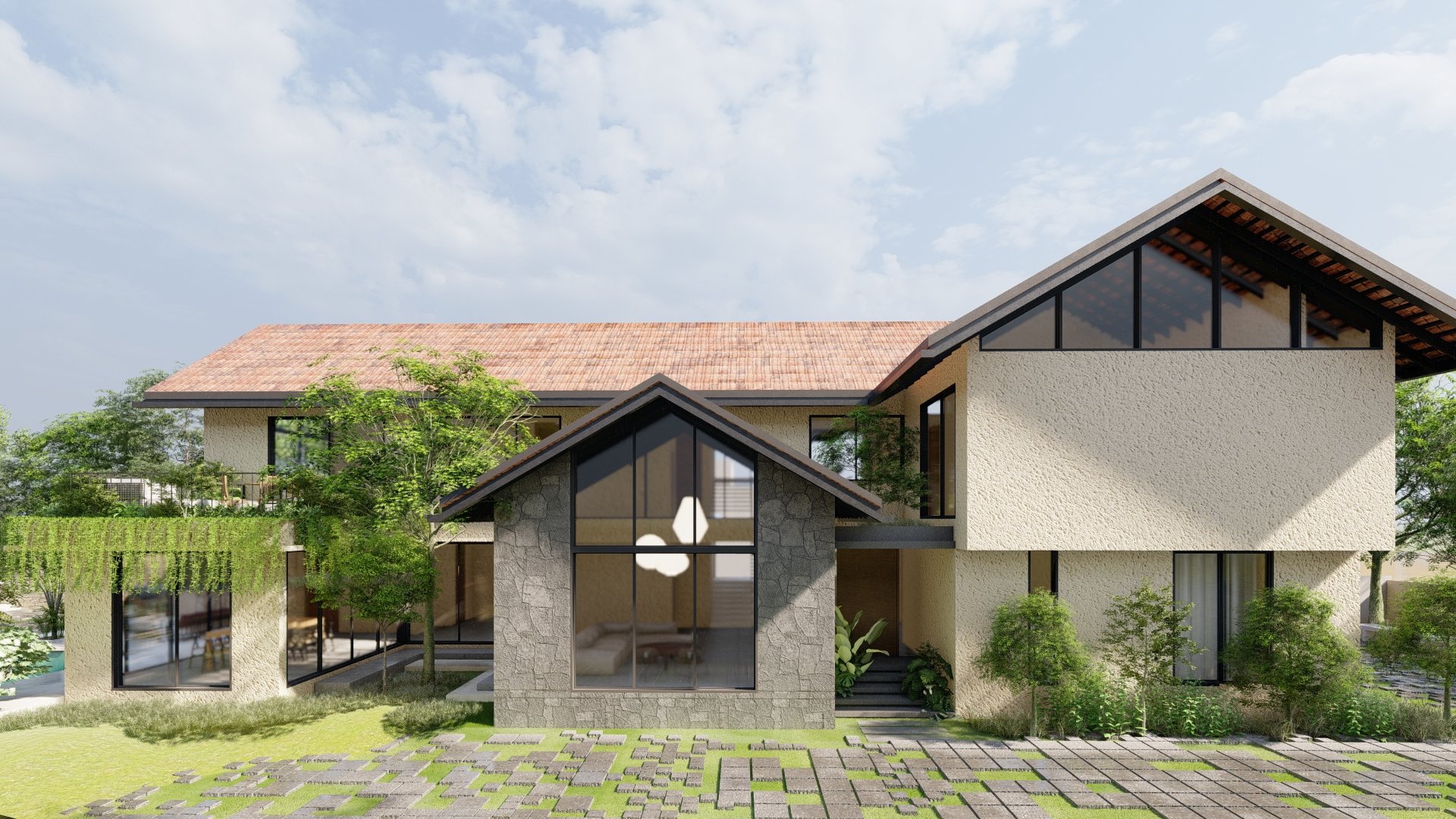 Render of The Grove House, with a stone-clad double-height volume under sloping tiled roofs