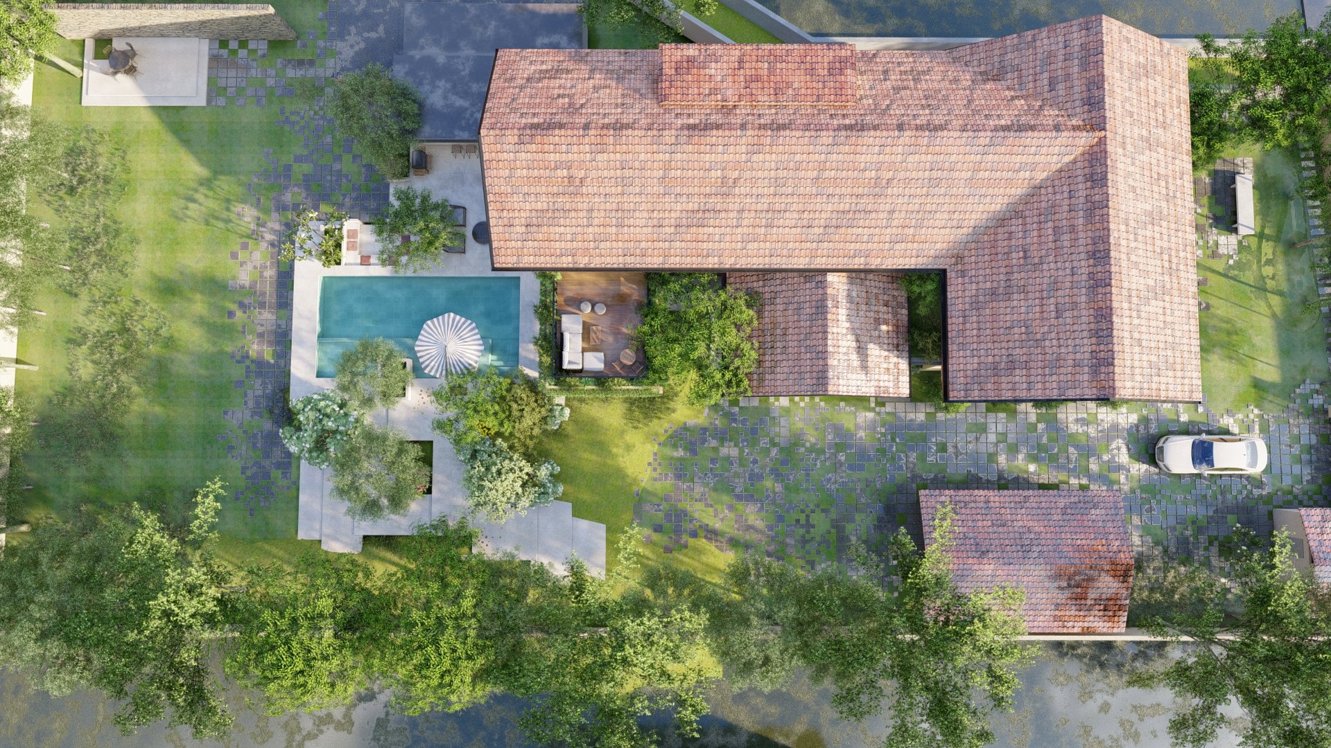 Top-down render of a house with sloping tiled roofs, a pool, a timber deck and landscaped gardens