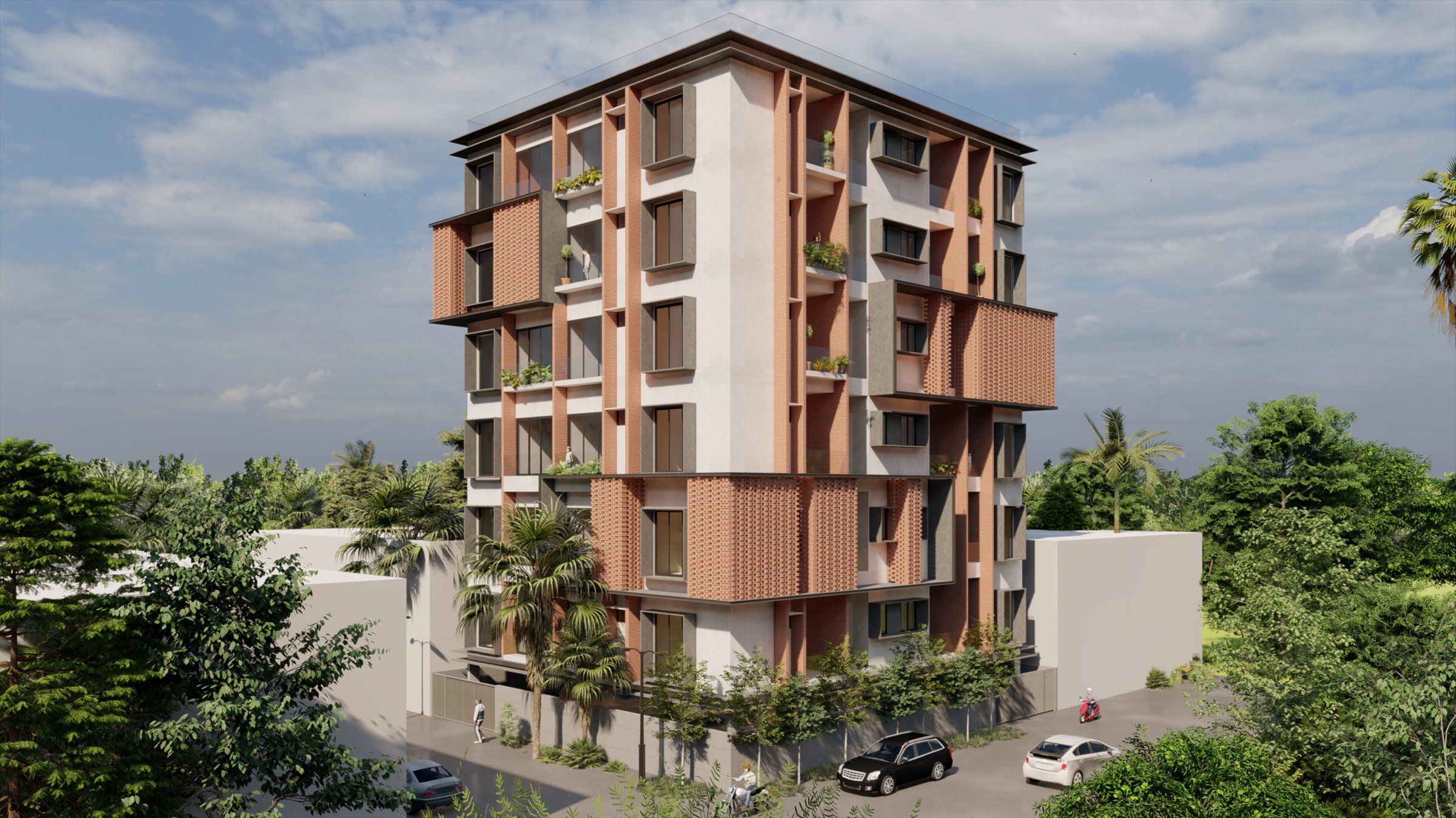 Render of a residential tower with projecting brick jaali screens among palms