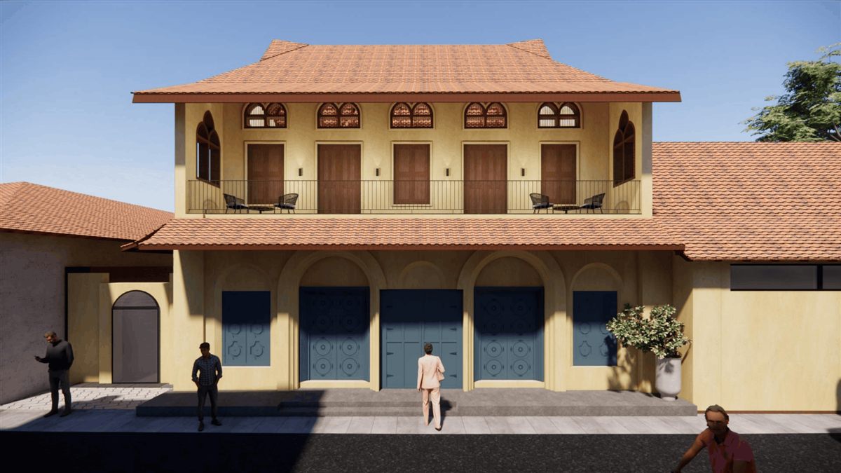 Front elevation of 111, showing the restored upper balcony and arched ground-floor openings