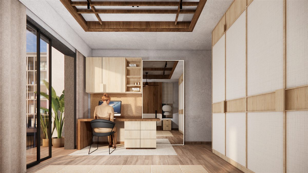 Desk nook and wardrobe with cane doors, The Hideout