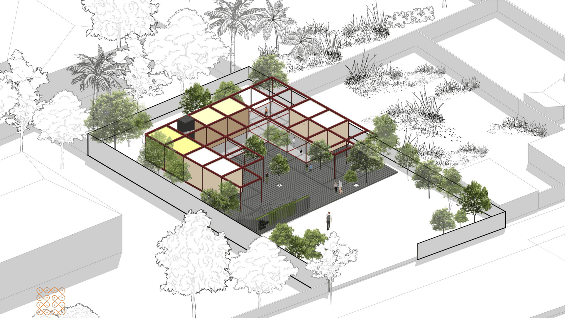 Axonometric concept diagram of The Garden Grub, showing the modular structure and courtyard