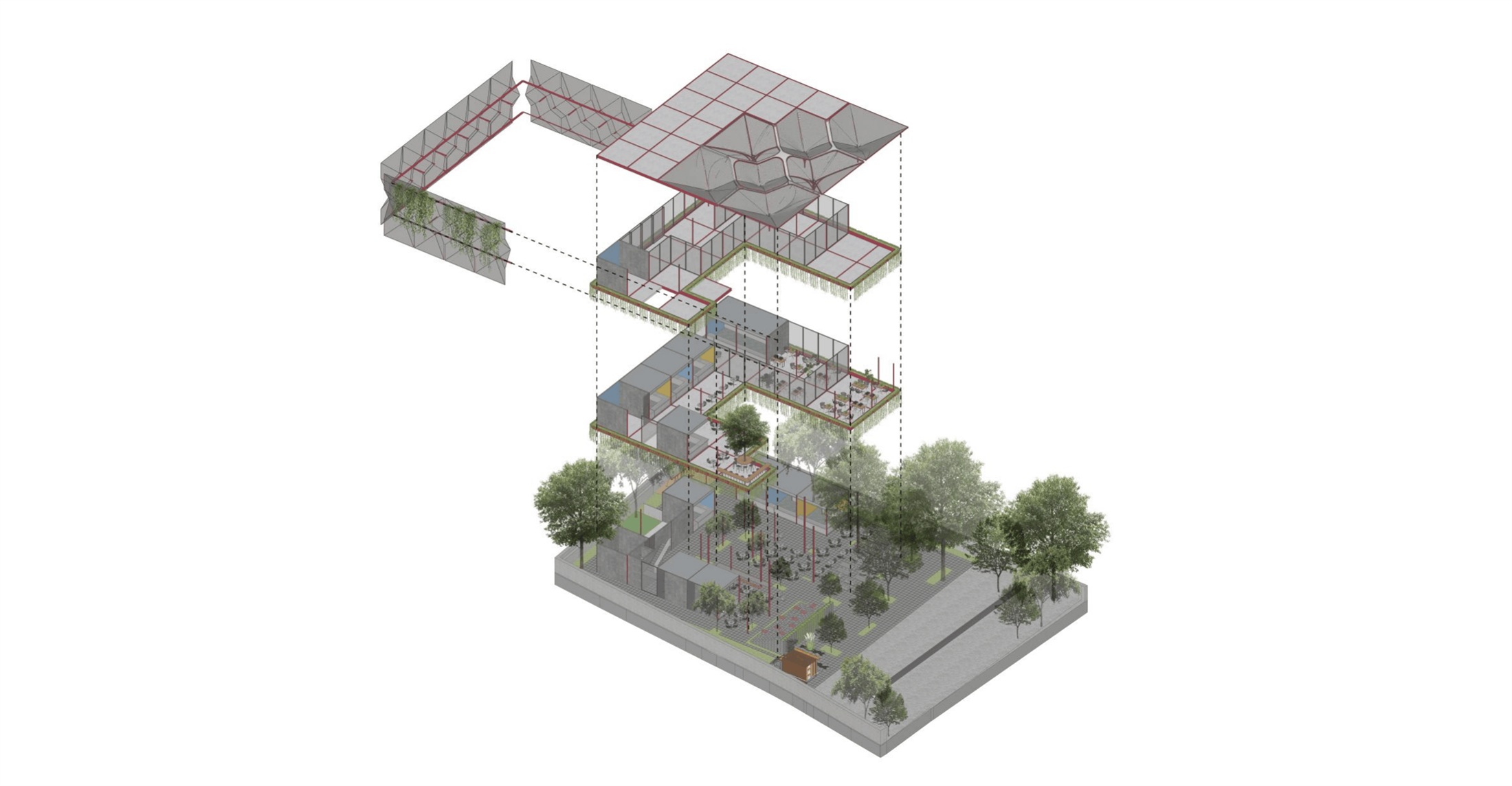 Exploded axonometric diagram of The Garden Grub, showing the stacked roof, café modules, and ground-level courtyard