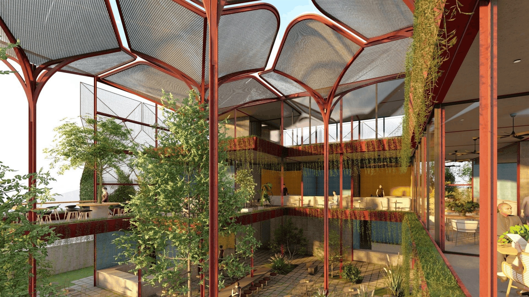 Interior view beneath the petal-shaped roof canopy, looking across the café seating and courtyard trees