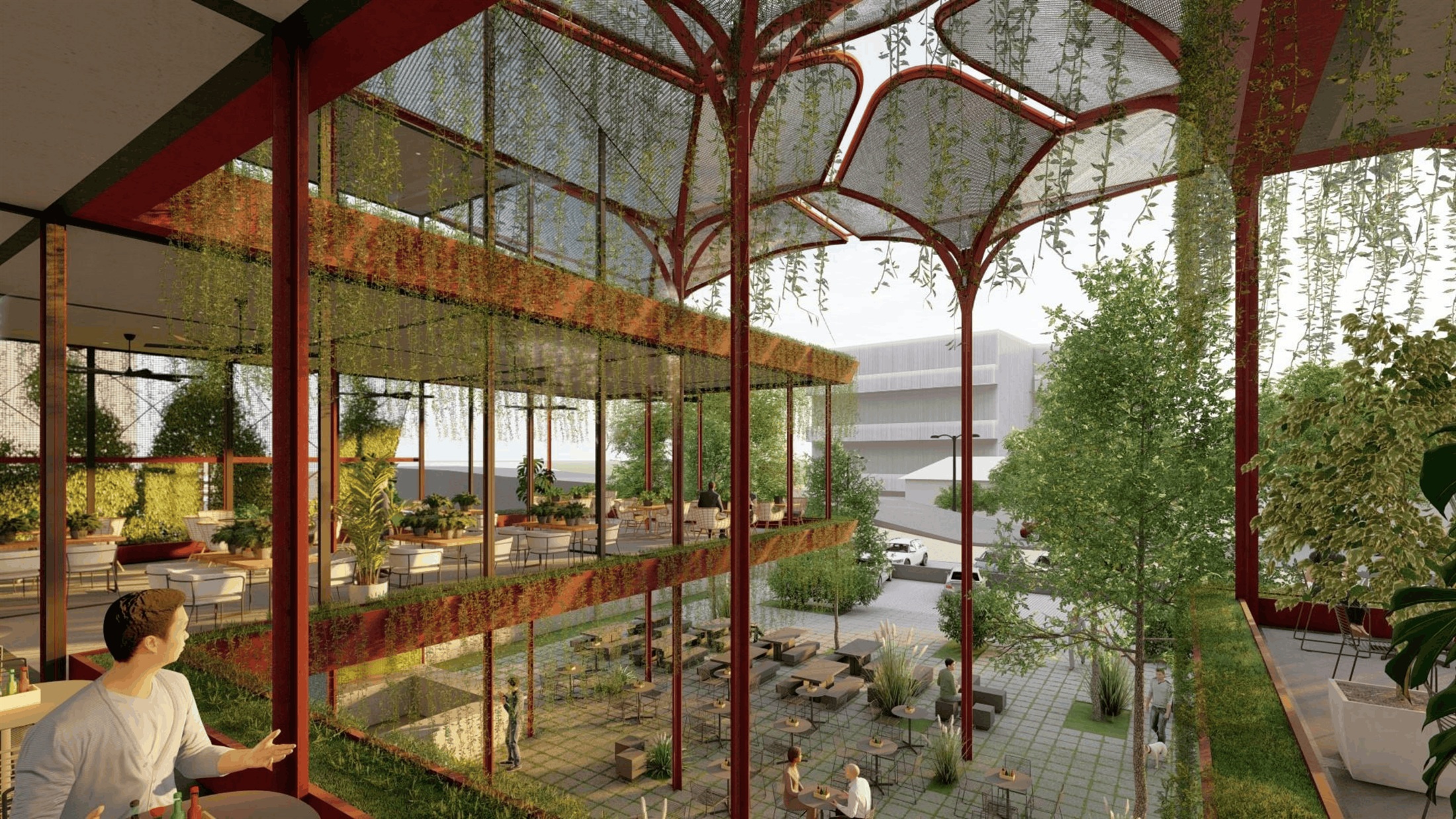 Café deck at The Garden Grub, overlooking the amphitheatre seating and courtyard below