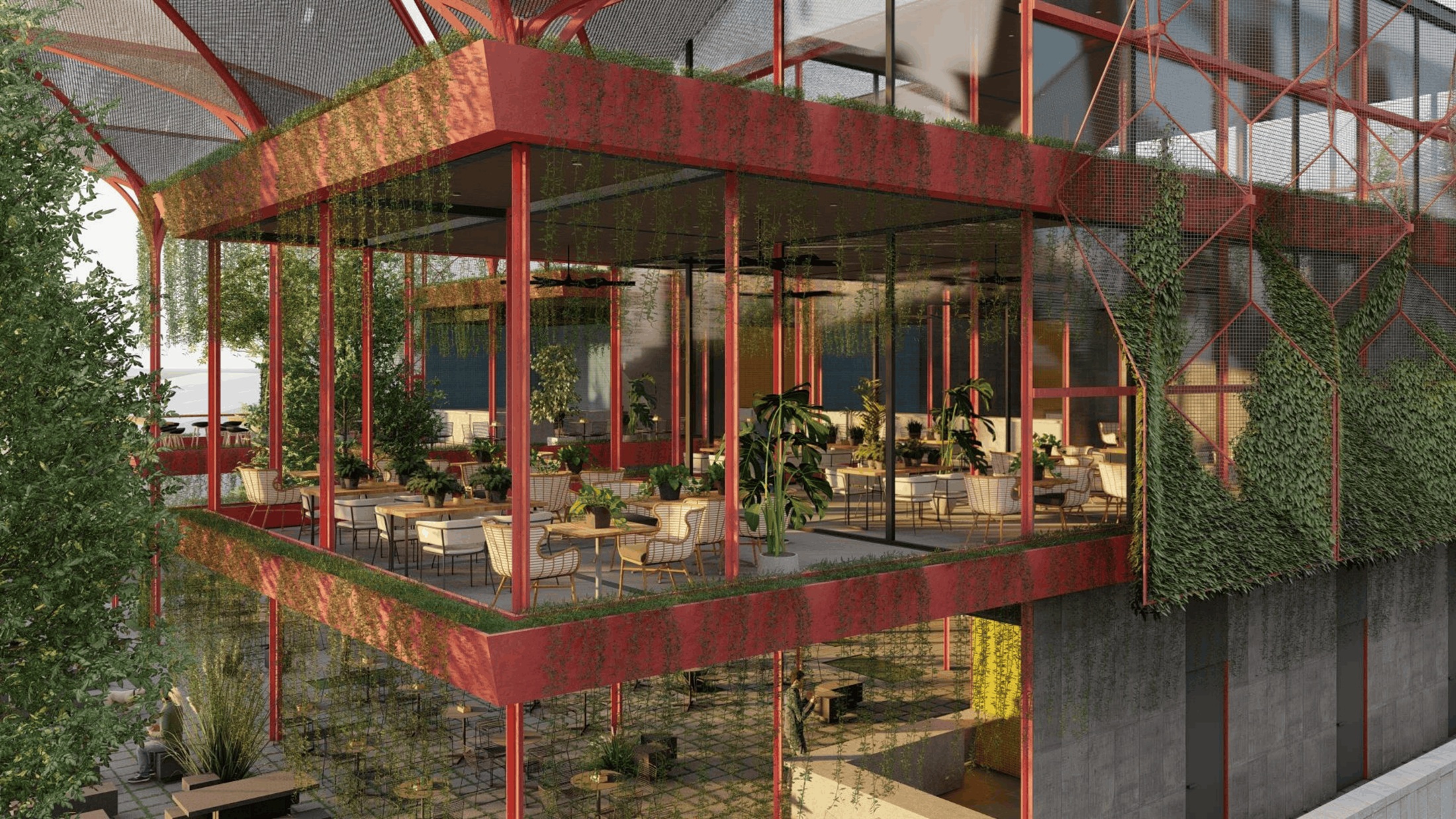 Upper-level café seating area at The Garden Grub, framed by the corten roof structure