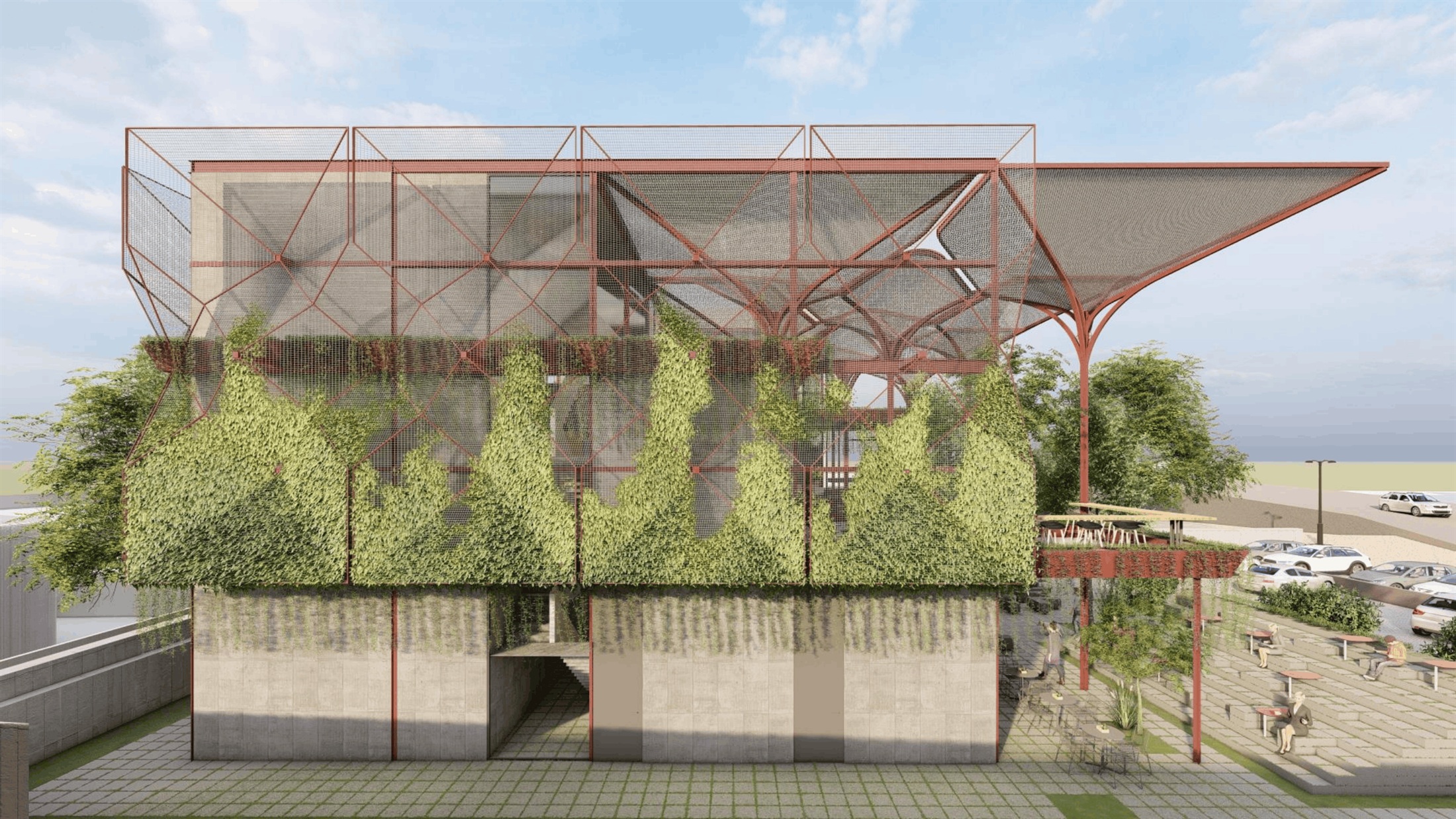 Front elevation of The Garden Grub, showing the green screens climbing the corten mesh façade