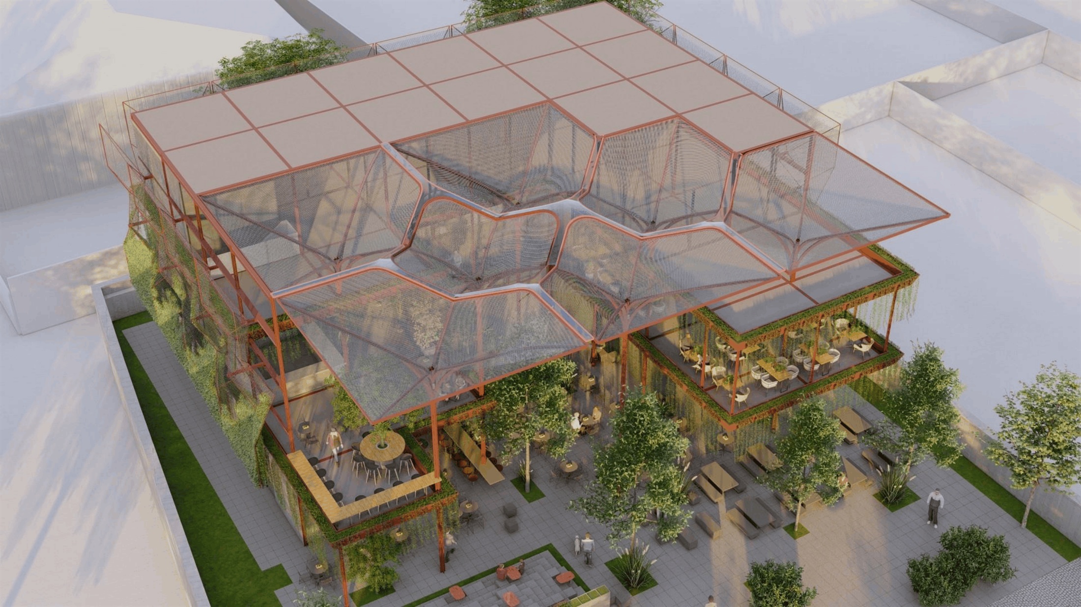 Aerial view of The Garden Grub, showing the petal-shaped roof modules and courtyard seating