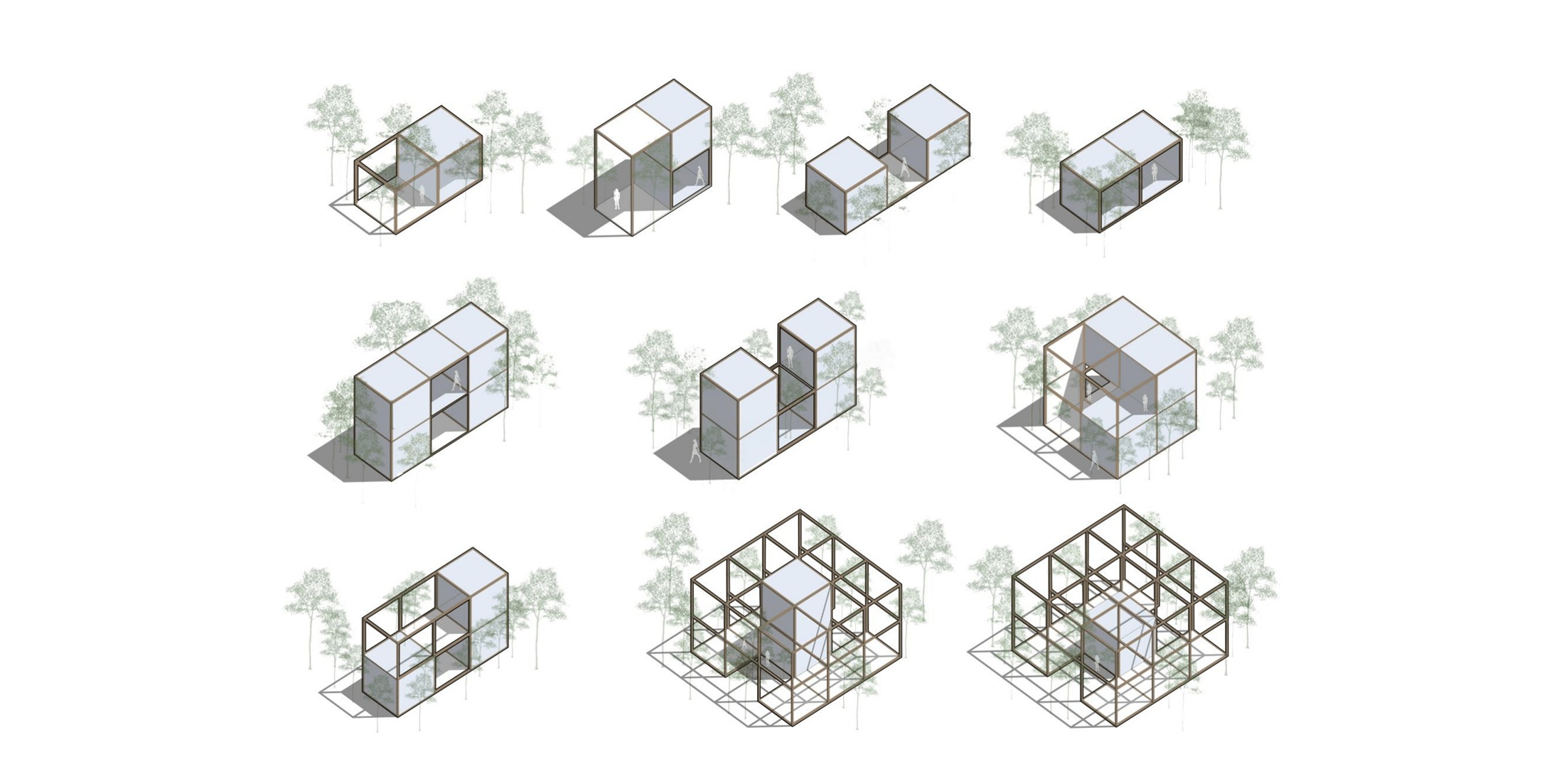 Massing study diagrams for The Garden Grub, showing nine modular volumetric configurations