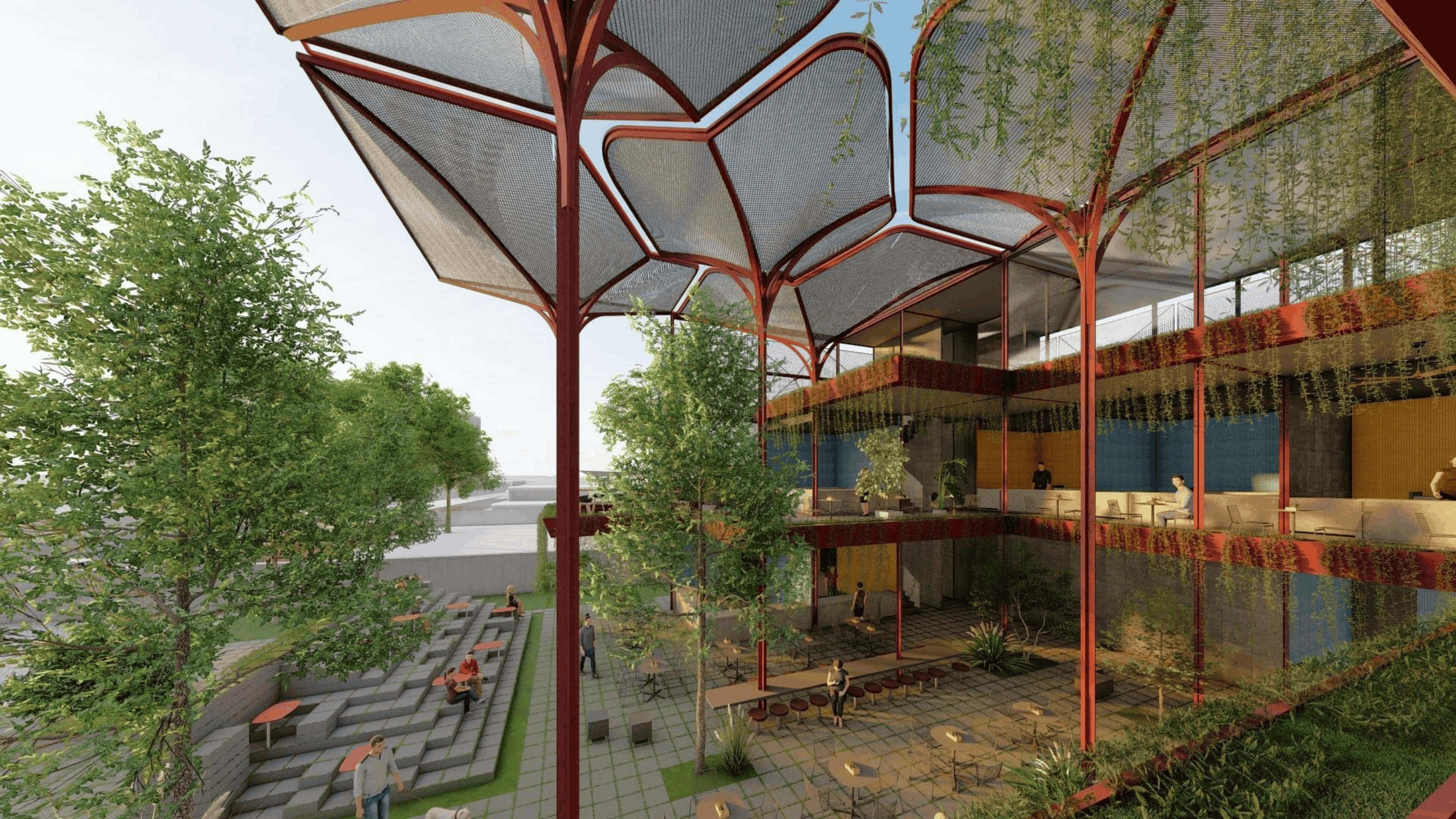 View from beneath the petal-shaped roof canopy at The Garden Grub, overlooking the amphitheatre and courtyard seating