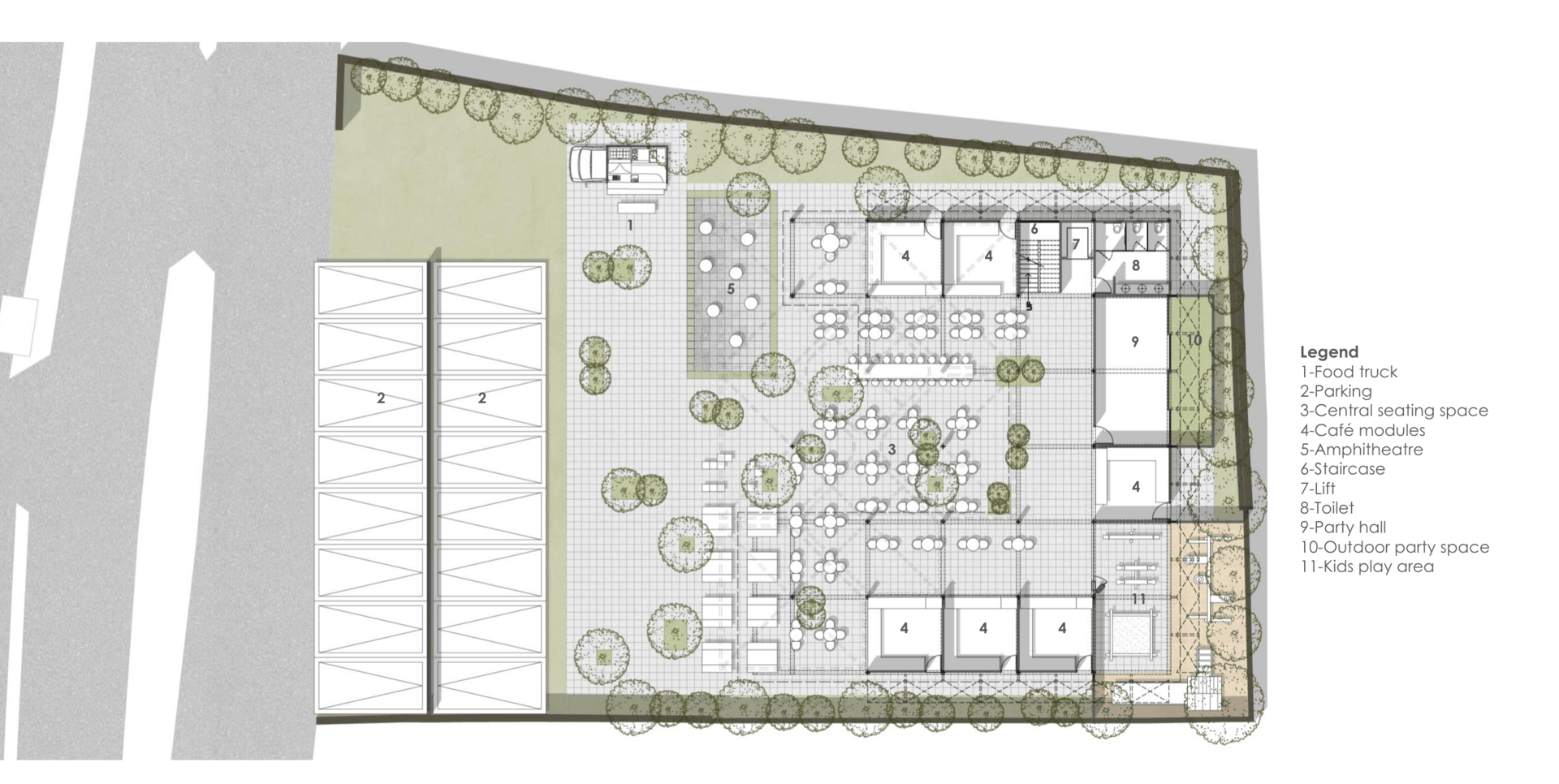 Ground floor plan of The Garden Grub, showing the café modules, amphitheatre, party hall, and outdoor play area