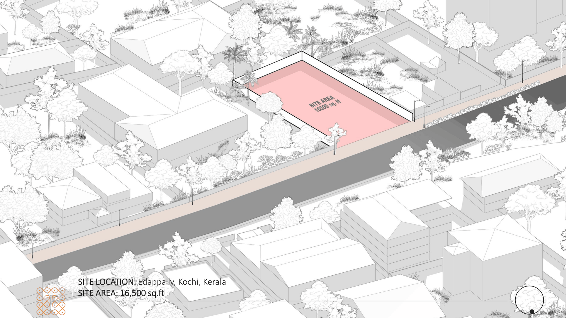 Site location diagram for The Garden Grub, Edappally, Kochi, showing the 16,500 sq.ft plot
