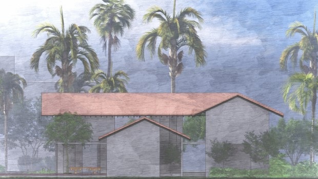 Watercolour concept sketch of The Grove House elevation, with sloping tiled roofs set among palms