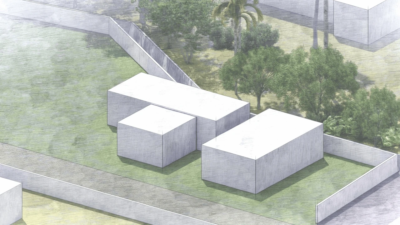 Massing concept diagram for The Grove House, showing the built form broken into individual volumes and courts