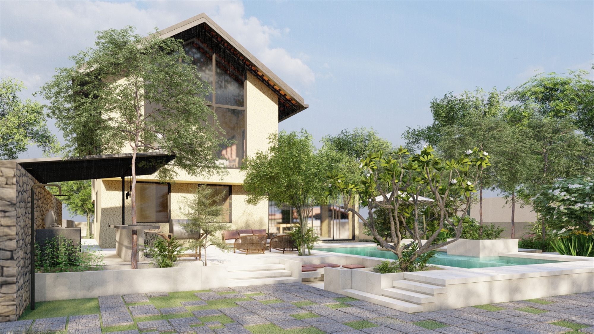 Garden and pool deck view of The Grove House, framed by frangipani trees