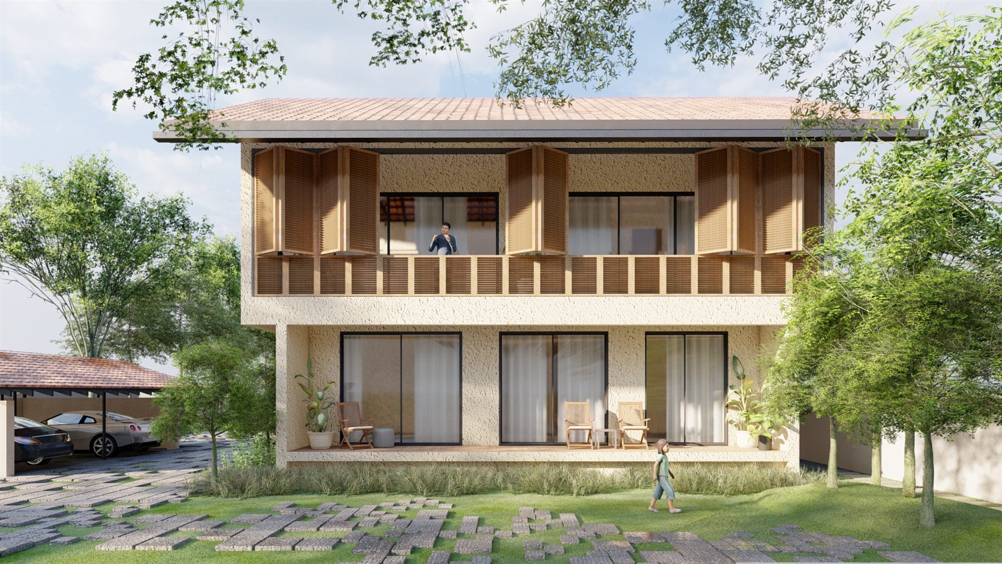 Front elevation of The Grove House showing the folding louvred balcony screens