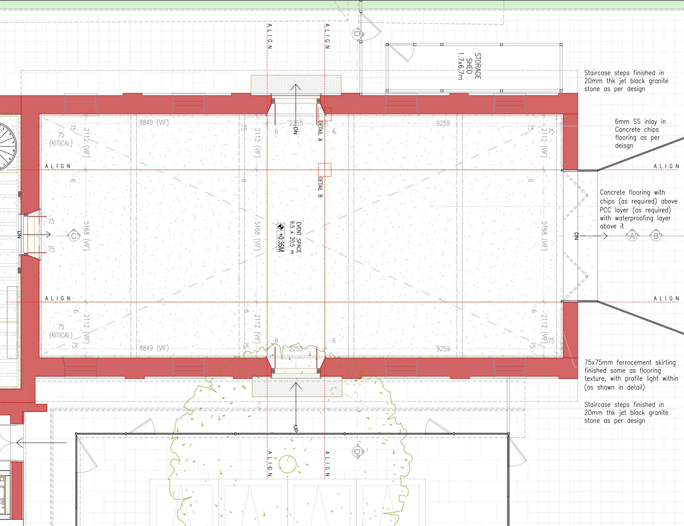 Ground floor flooring layout of the event space, with alignment lines and finish specification notes