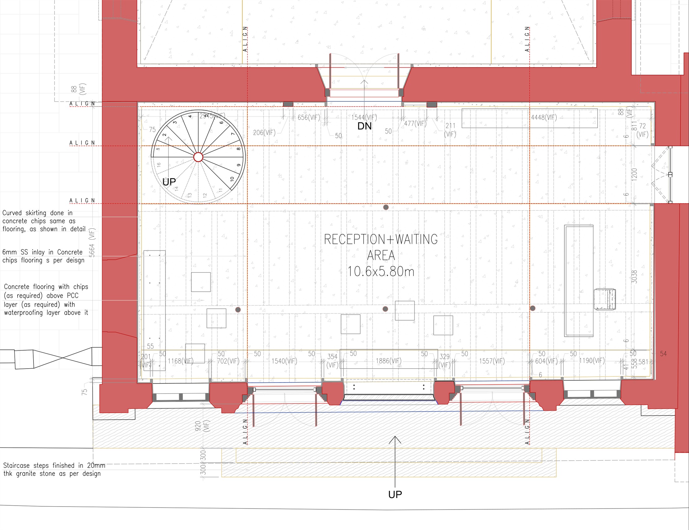 Reception and waiting area plan, showing the spiral staircase and flooring finish notes