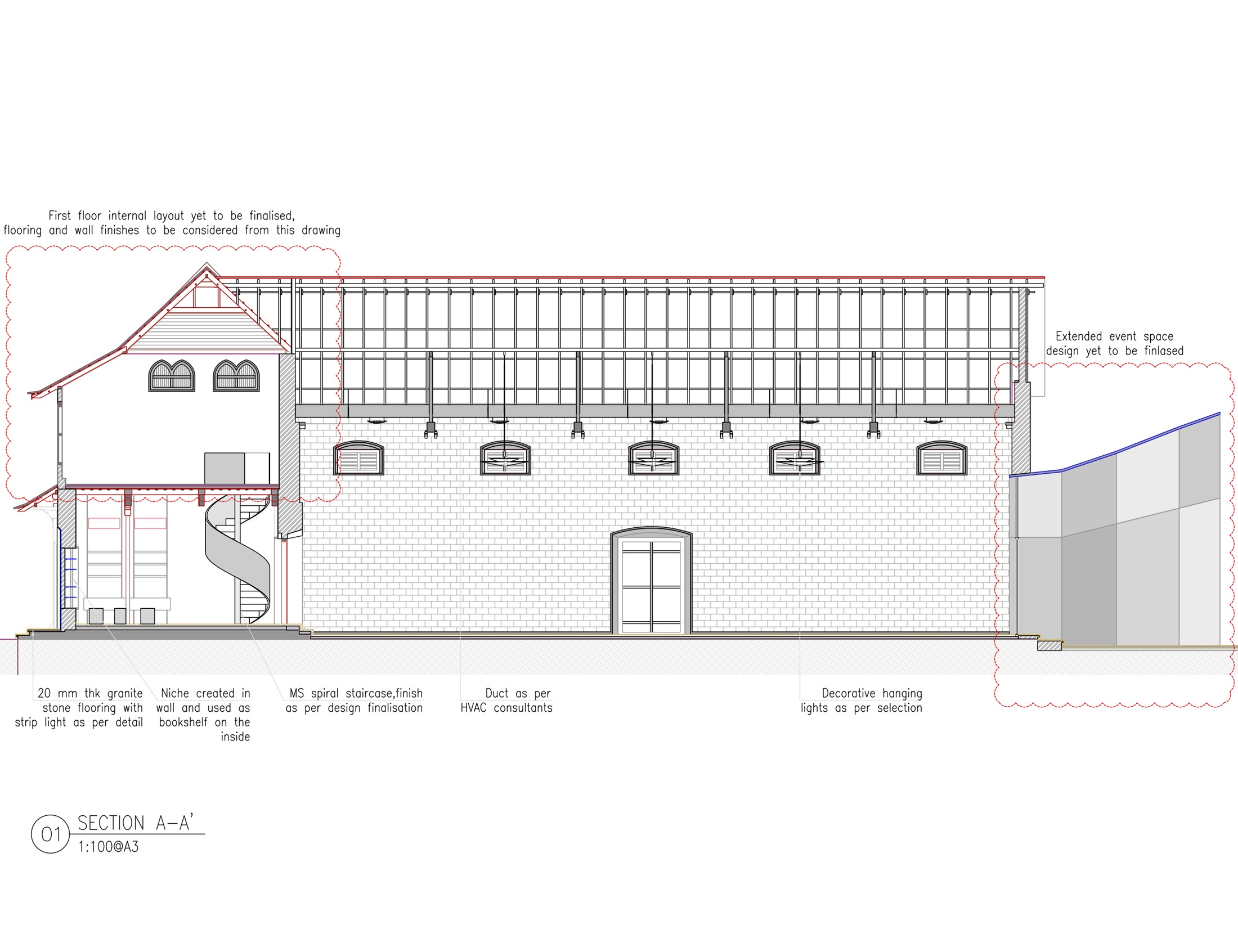 Section A-A' through the event hall, showing the spiral staircase, roof structure, and material notes