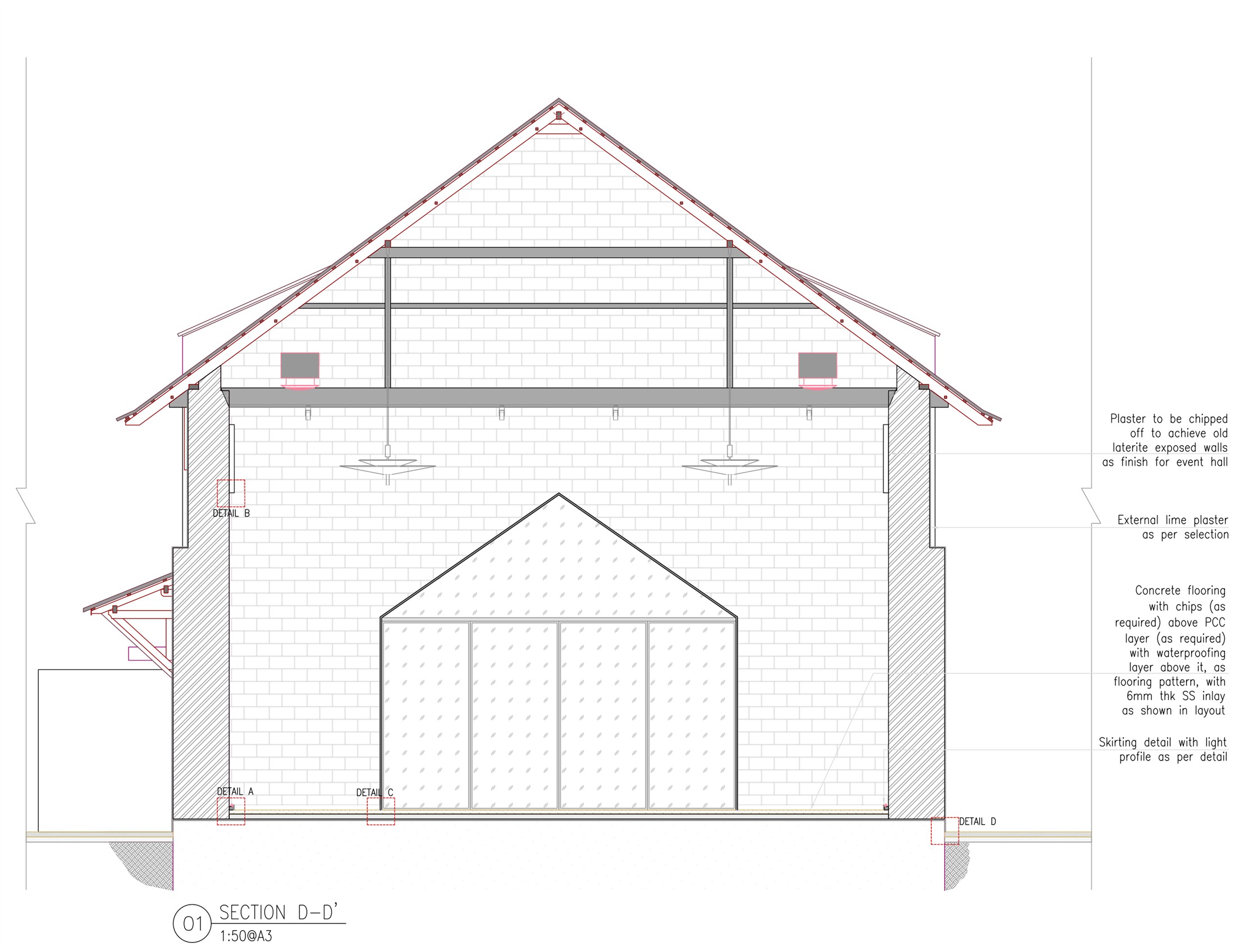 Section D-D' through the event hall gable end, showing the exposed laterite wall and skylight detail