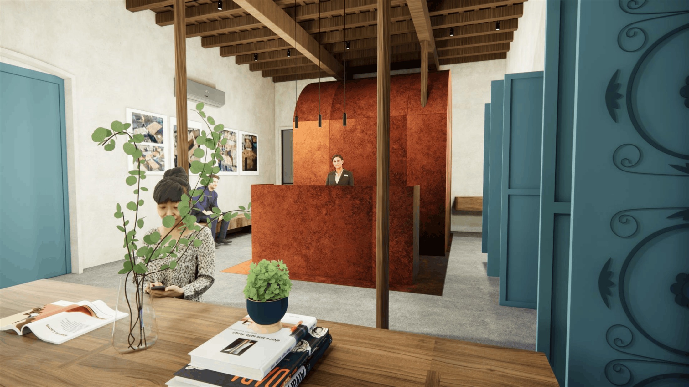 Reception desk at 111, with a Corten steel-clad pod and exposed timber roof structure