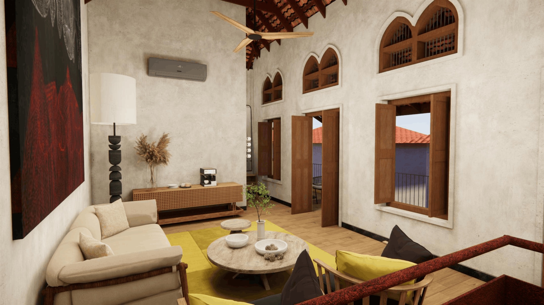 Upper-floor bedroom at 111, opening onto a balcony through arched shuttered windows