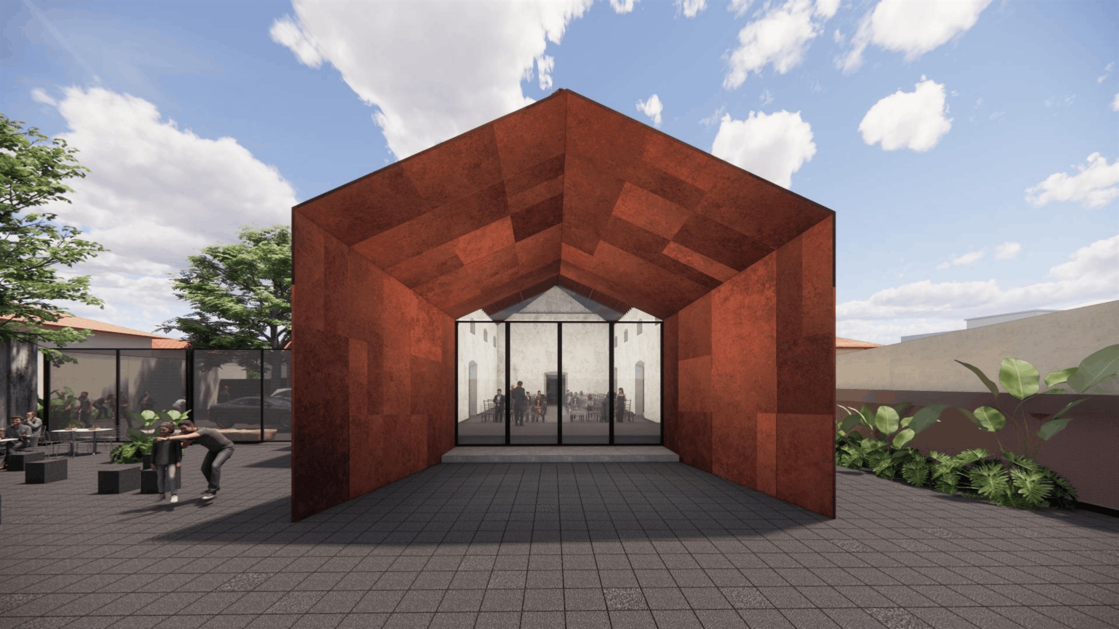 Corten steel entrance canopy at 111, framing a view into the event hall