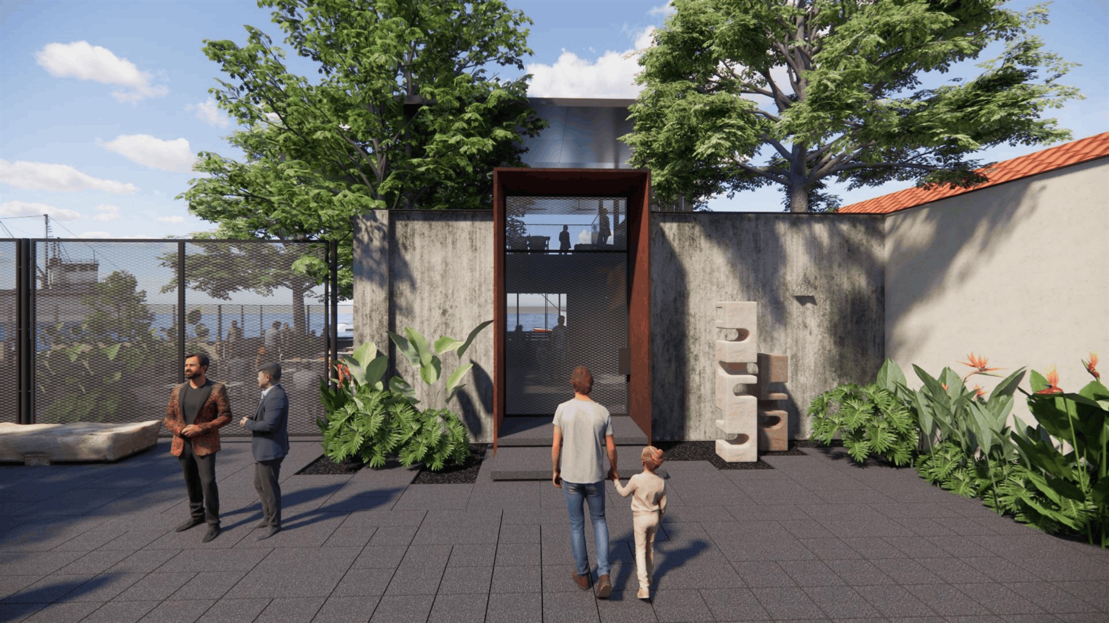 Side courtyard entrance at 111, with a perforated metal gate and sculptural stone piece