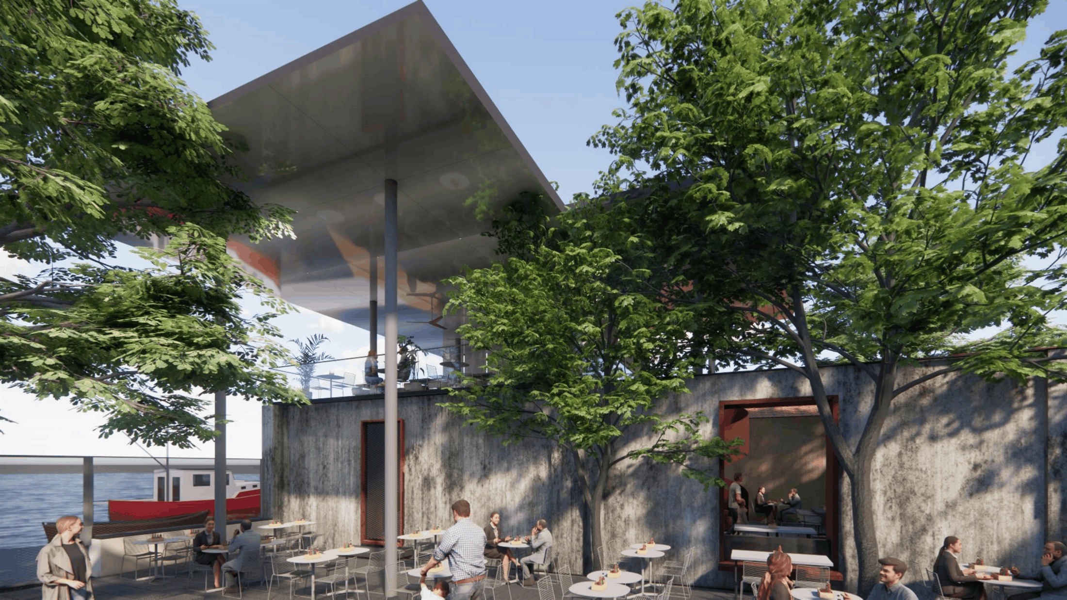 Café deck at 111 under the stainless steel-clad roof, overlooking the adjoining lake