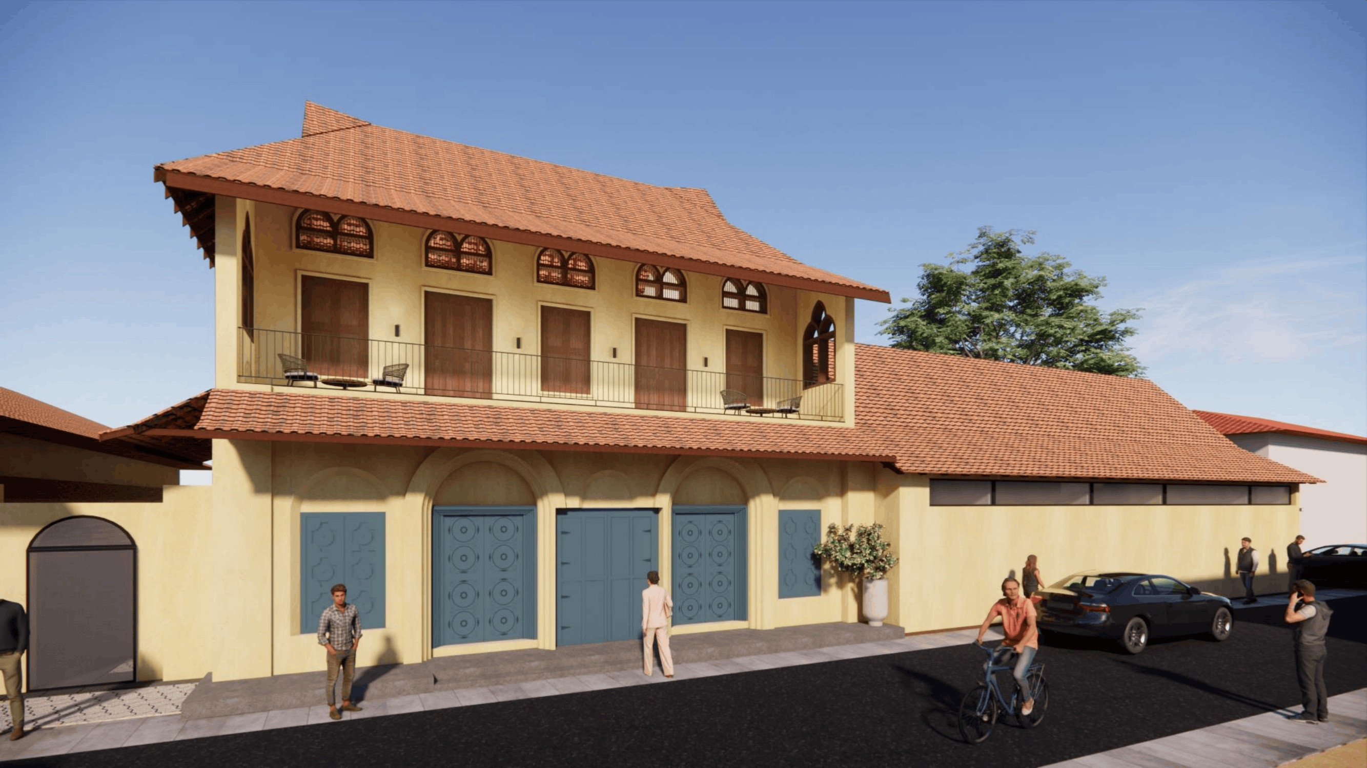 Restored front elevation of 111, showing the retained tiled roof, upper balcony, and arched ground-floor openings