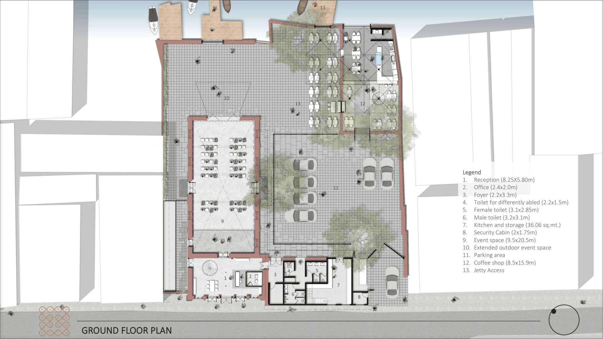 Ground floor plan of 111, showing the reception, event hall, kitchen, and coffee shop with jetty access