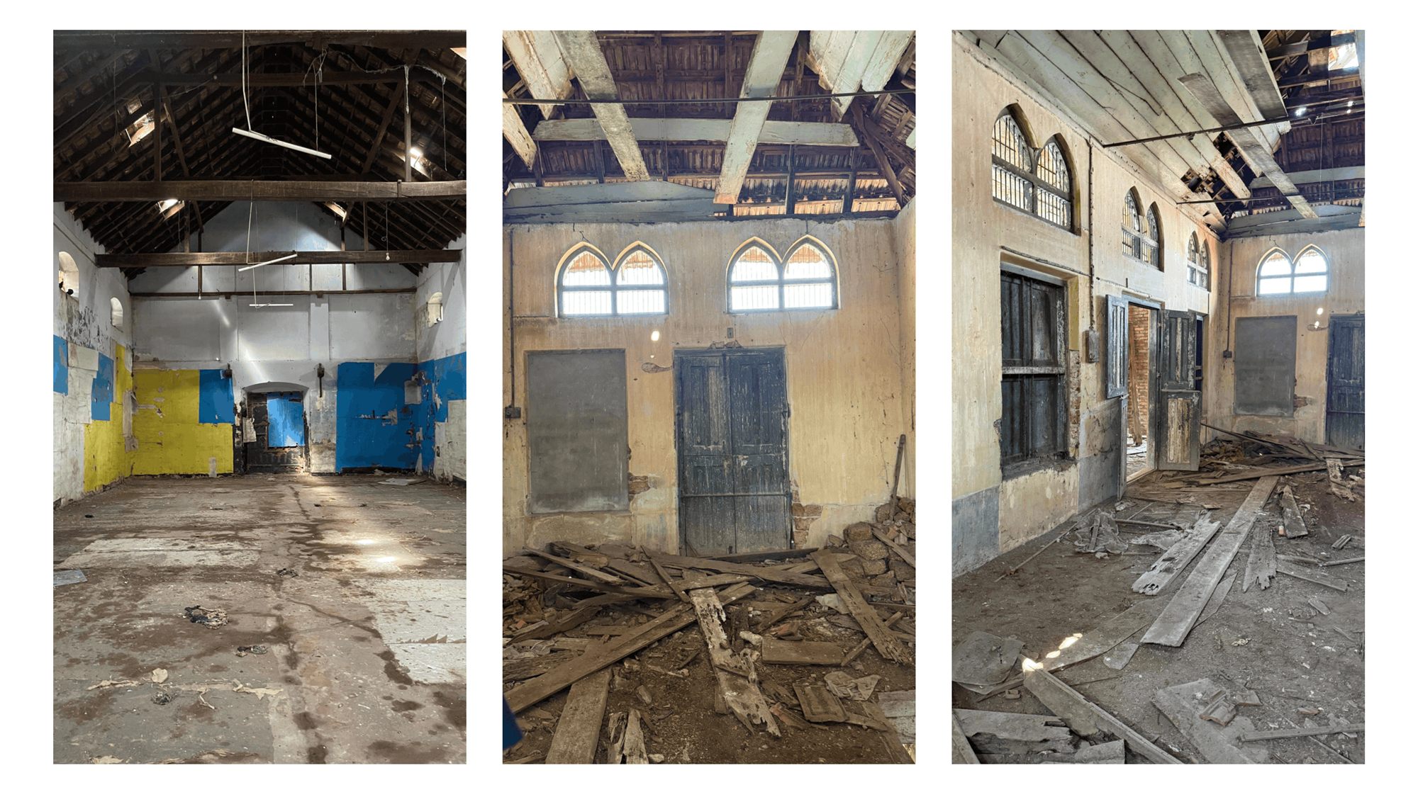 Interior of the derelict hall before conservation, showing exposed timber roof trusses, arched windows, and debris on the floor