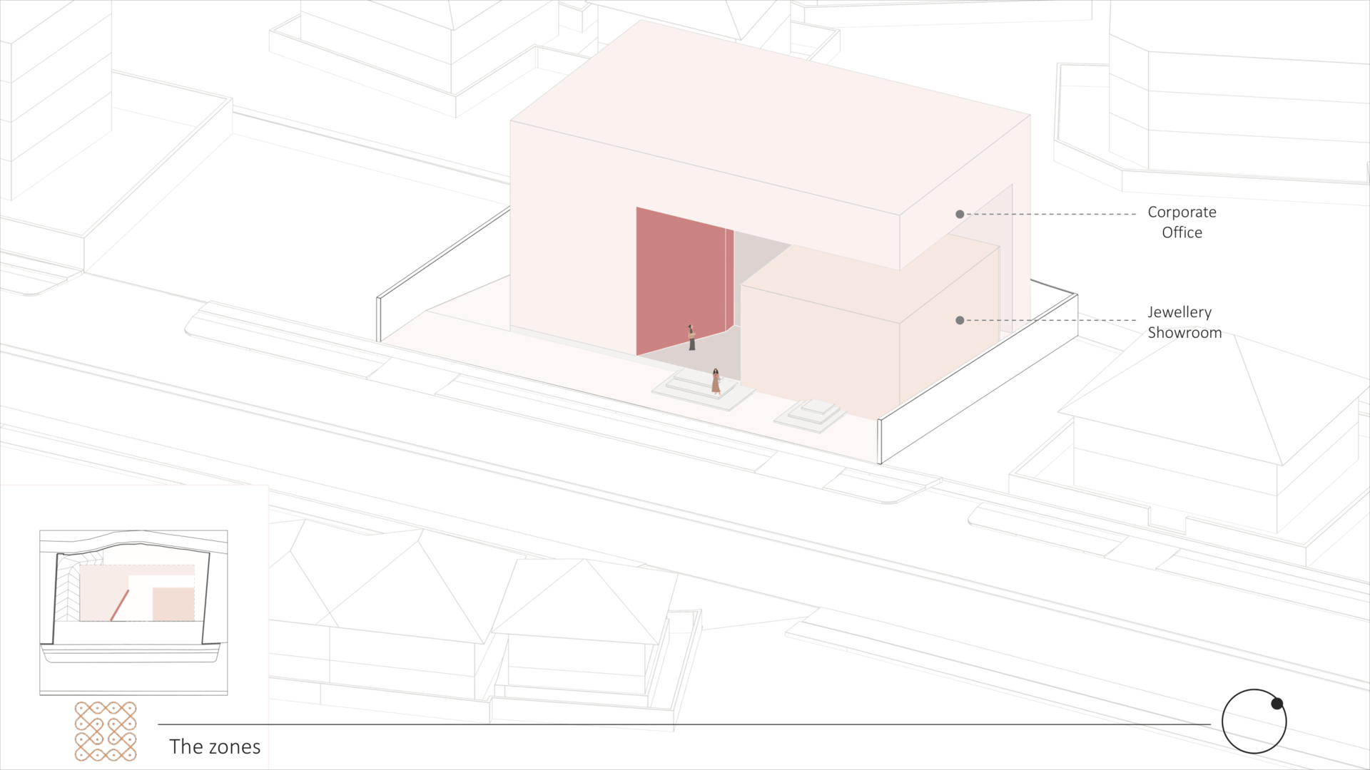 Conceptual development diagram for Regal Corporate Office, showing the zoning between the corporate office and jewellery showroom volumes