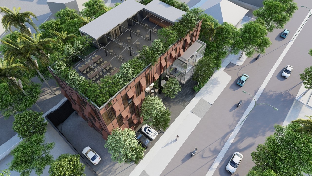 Aerial view of Regal Corporate Office, showing the rooftop café terrace and corten-clad façade
