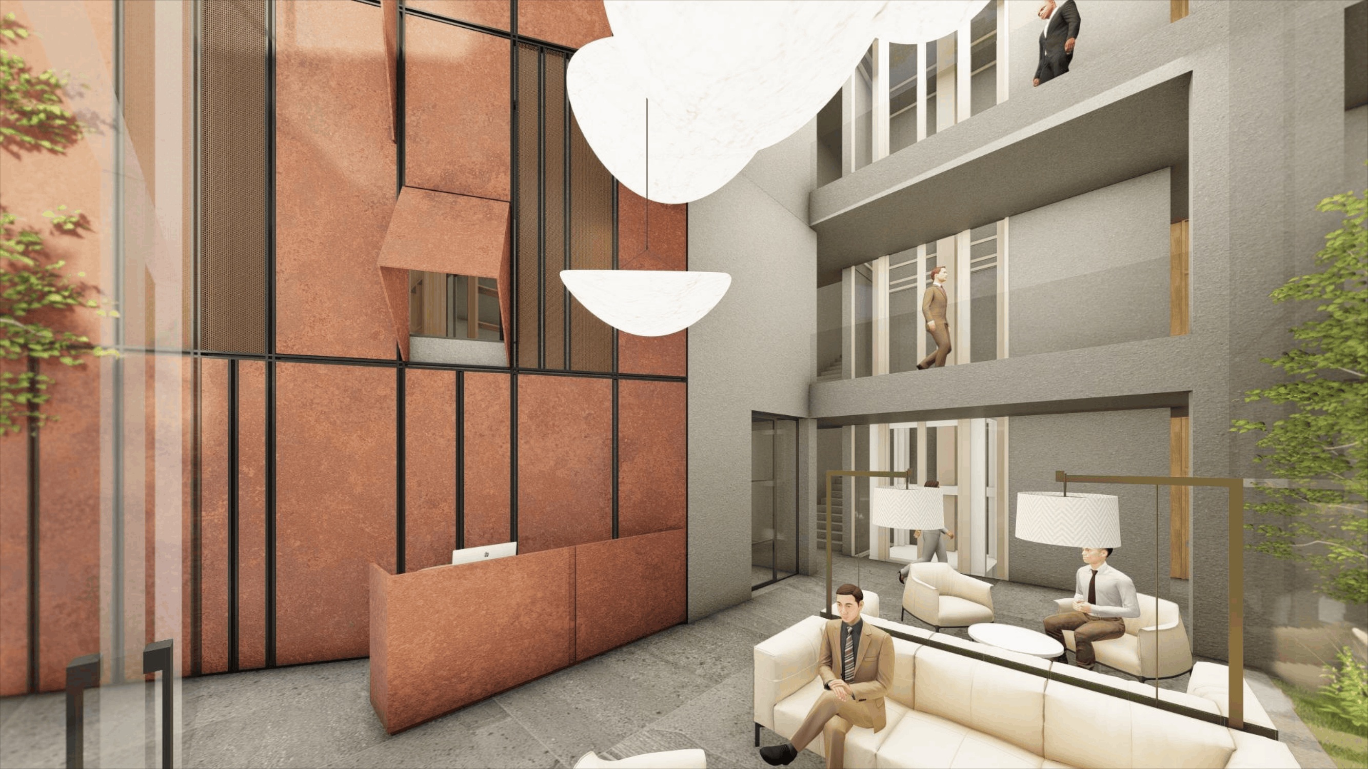 Reception lounge at Regal Corporate Office, with the corten-clad desk and view up the atrium