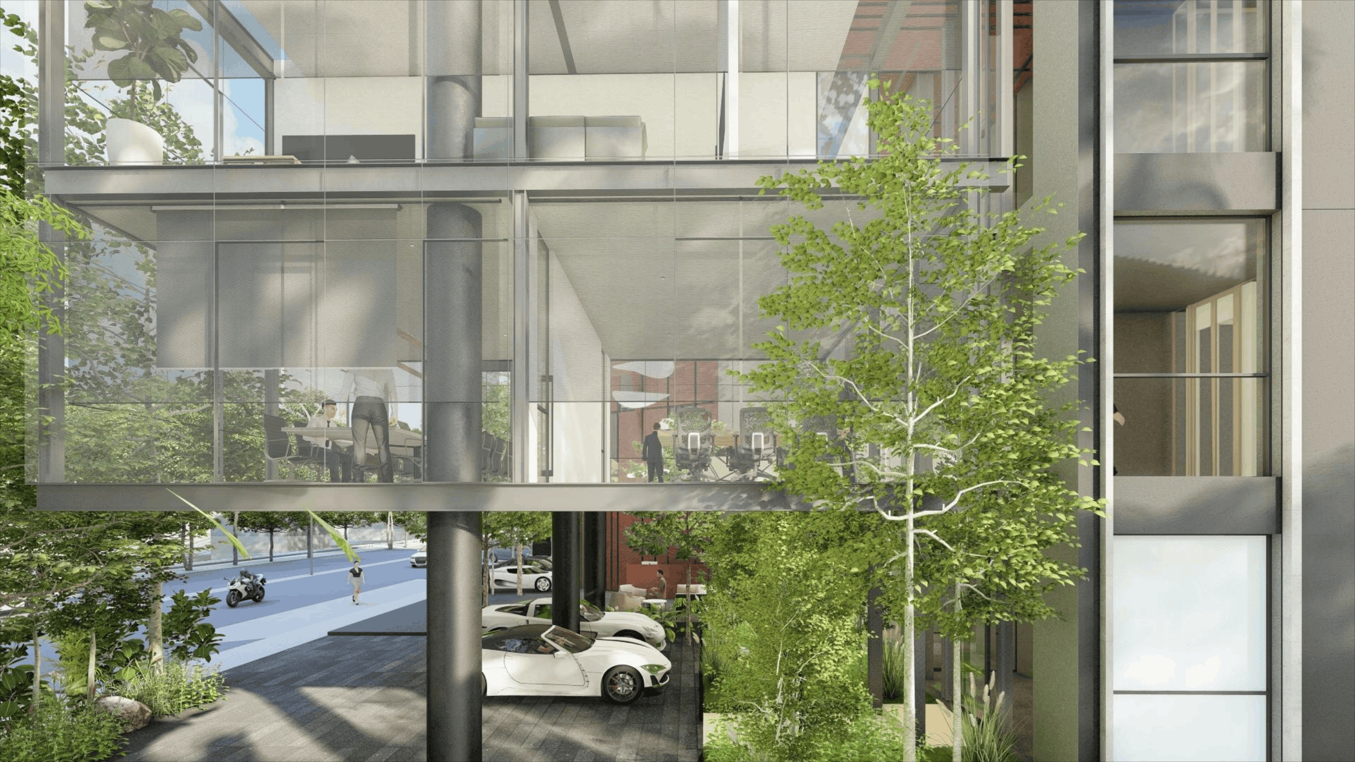 Glass conference box cantilevering over the entrance driveway at Regal Corporate Office