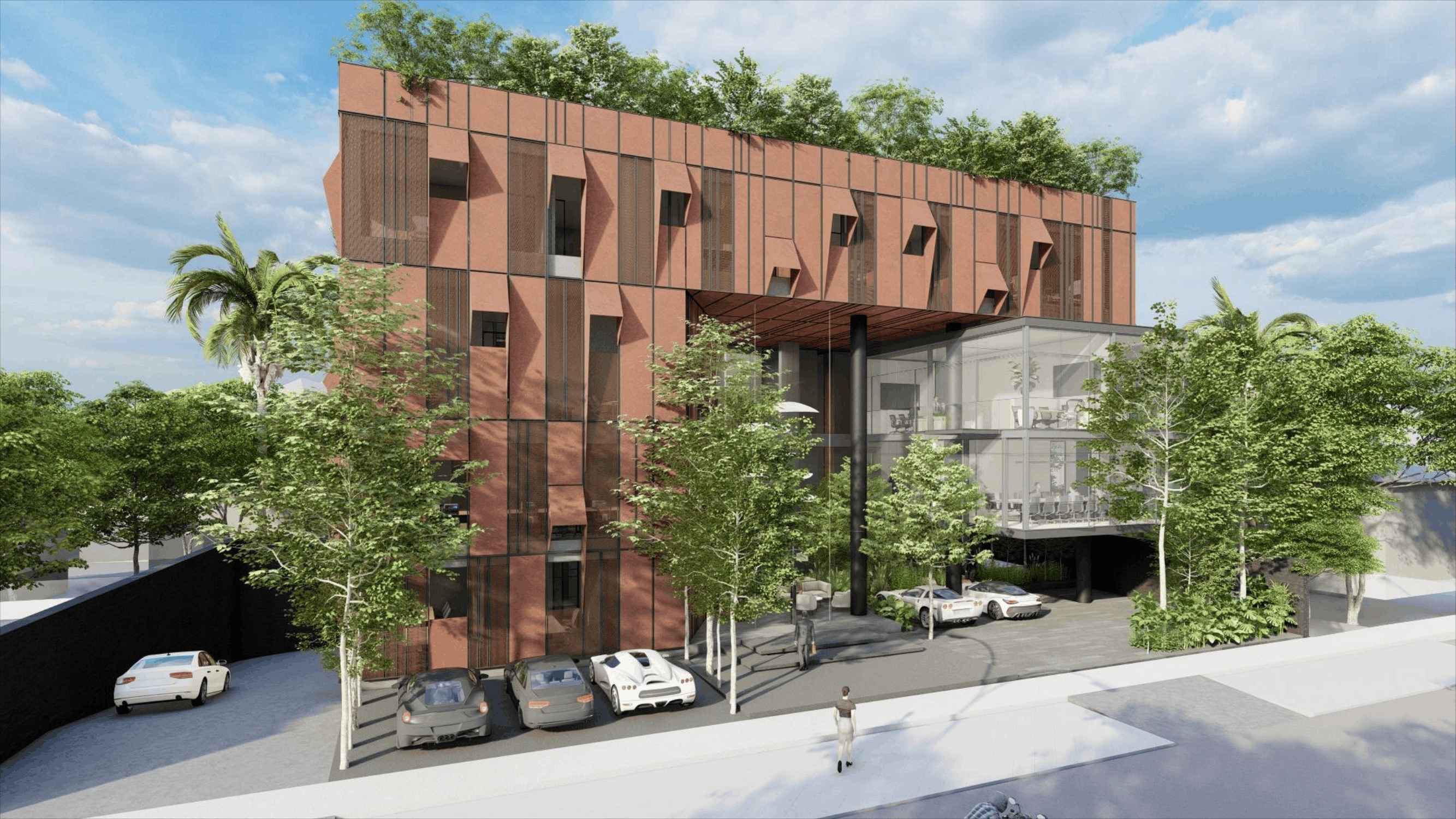 Street-level view of Regal Corporate Office, showing the corten screen and glass entrance canopy