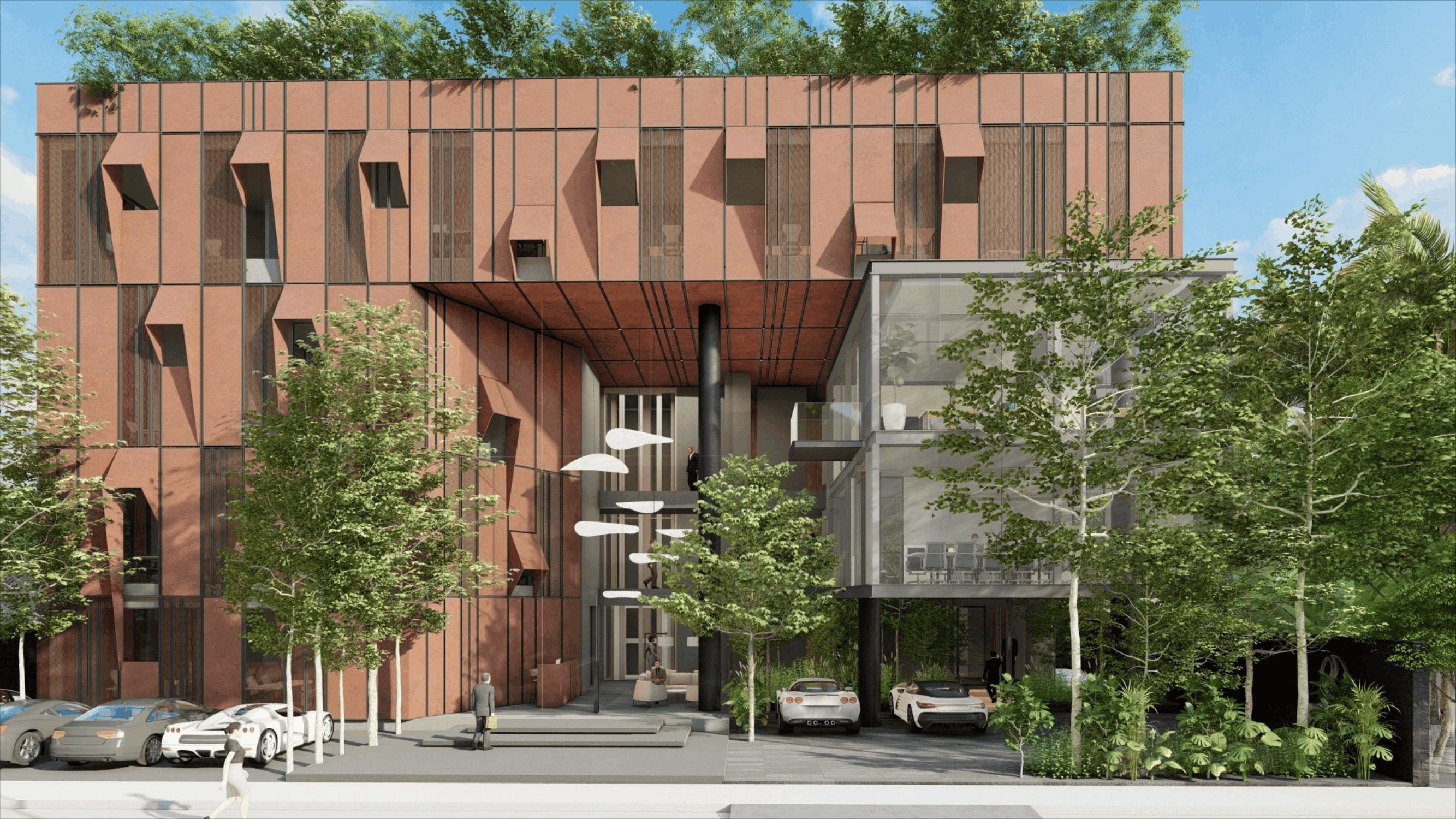 Front elevation of Regal Corporate Office, showing the entrance courtyard and glass conference box