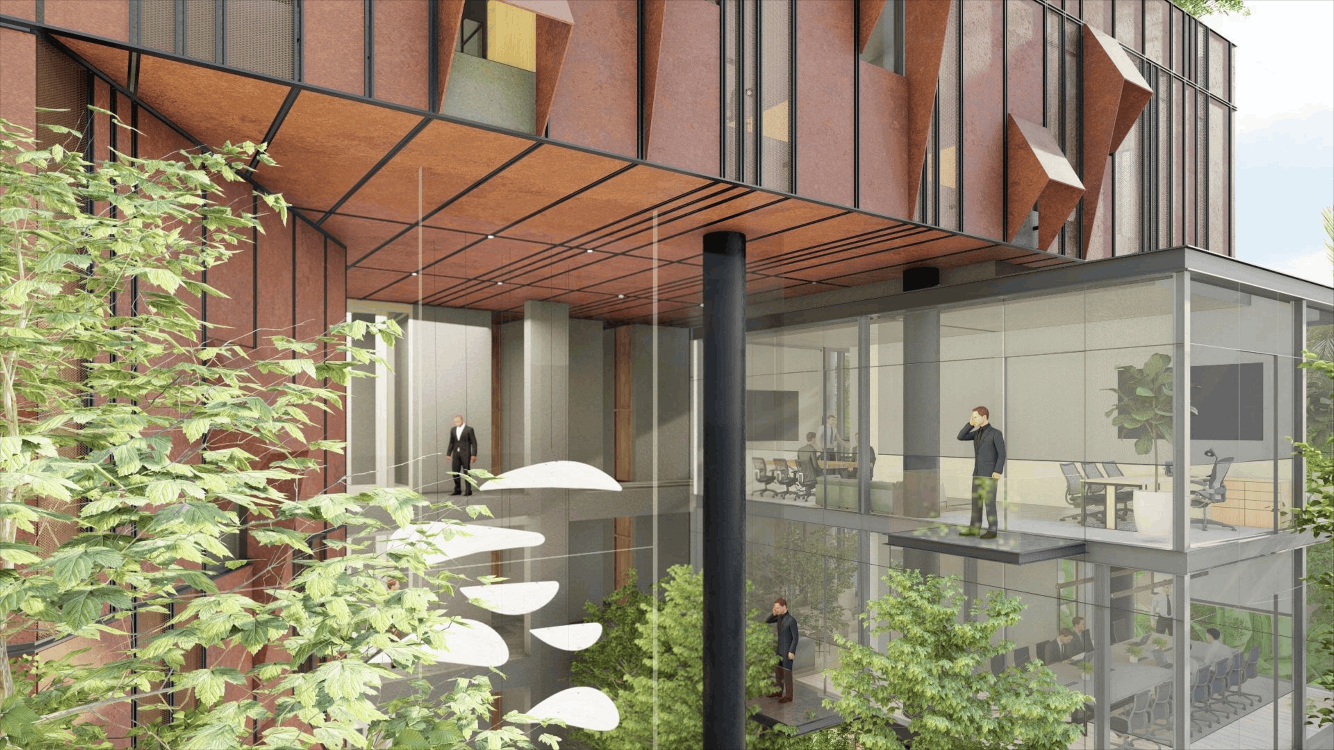 Atrium detail at Regal Corporate Office, looking across the reflecting pool toward the glass-walled boardroom
