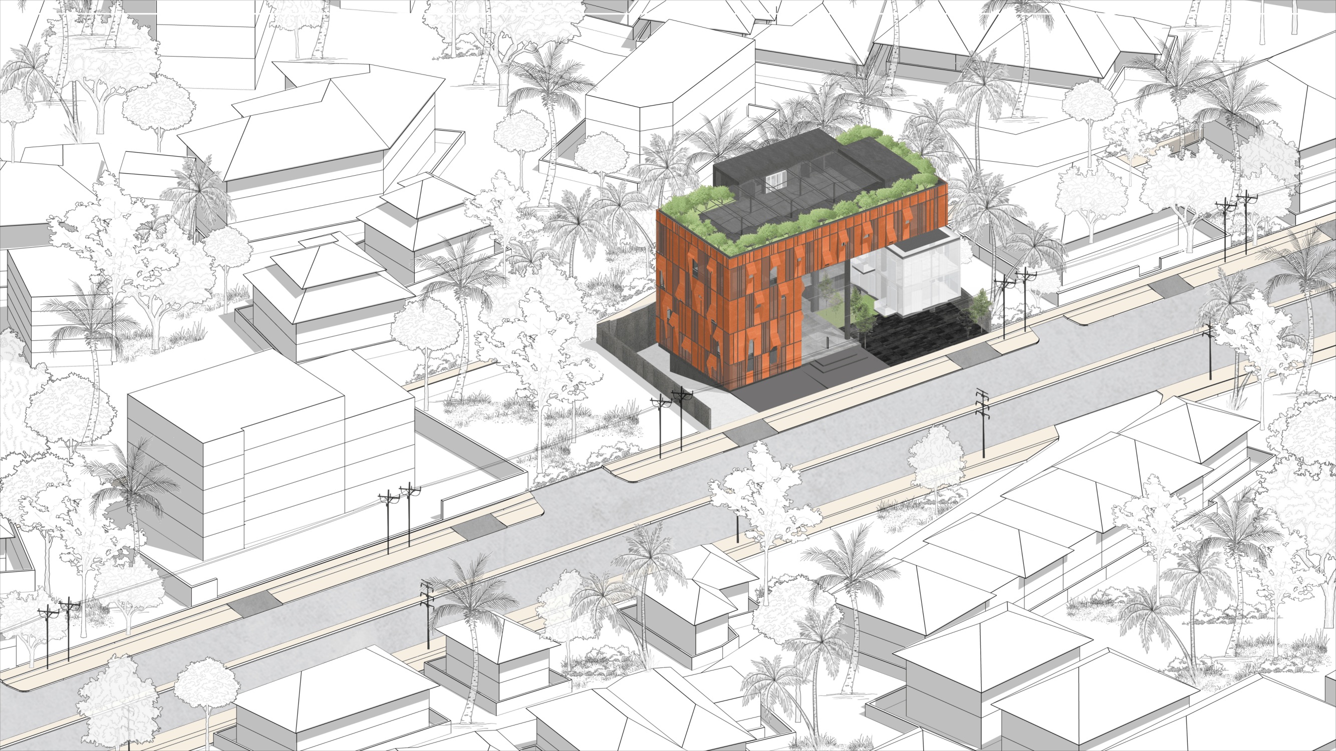 Aerial context sketch of Regal Corporate Office, showing the corten-clad screen and surrounding street