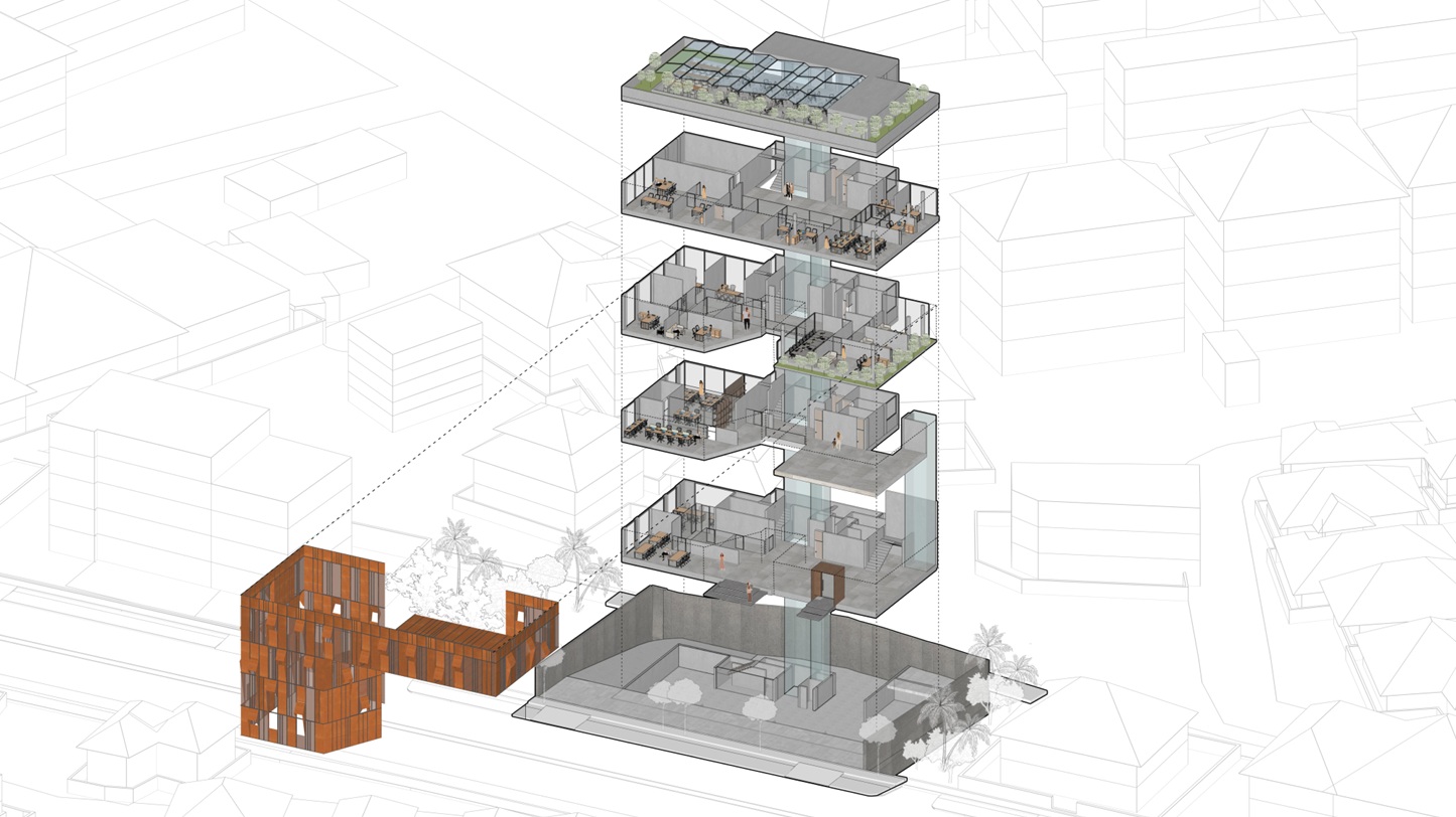 Exploded isometric study of Regal Corporate Office, showing the floor-by-floor layout and vertical circulation core