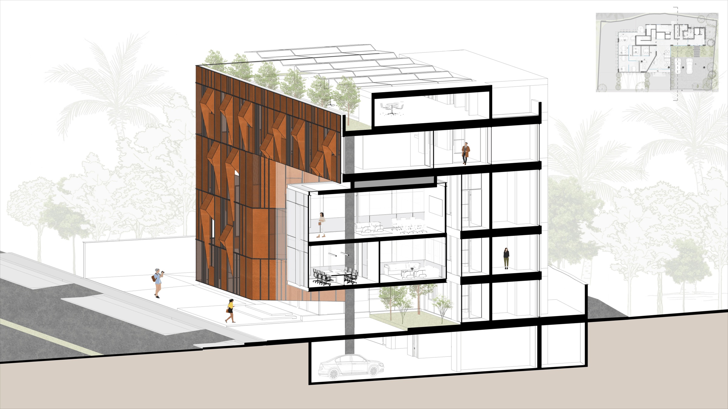 Sectional axonometric of Regal Corporate Office, showing the office and jewellery showroom floors within the corten-clad volume