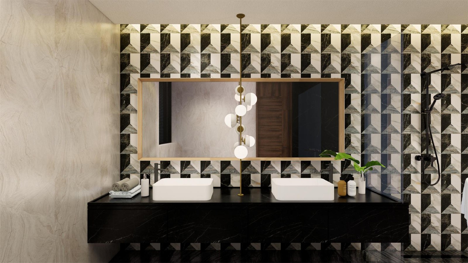 Bathroom at The Stepped Haven with twin basins on a black marble vanity against a geometric stone-tile wall