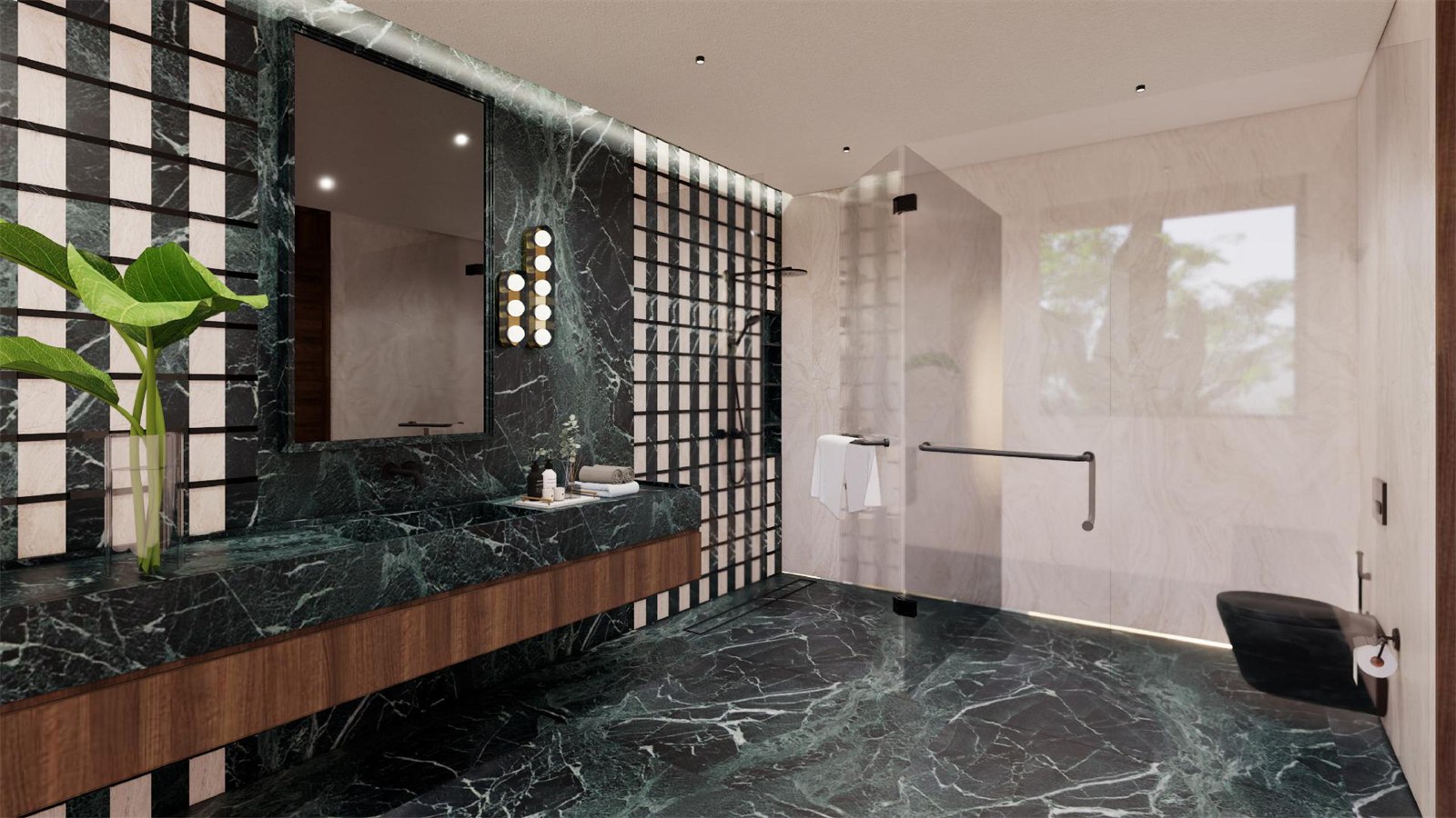 Bathroom at The Stepped Haven in green marble, with a walnut-fronted vanity and a glass shower enclosure