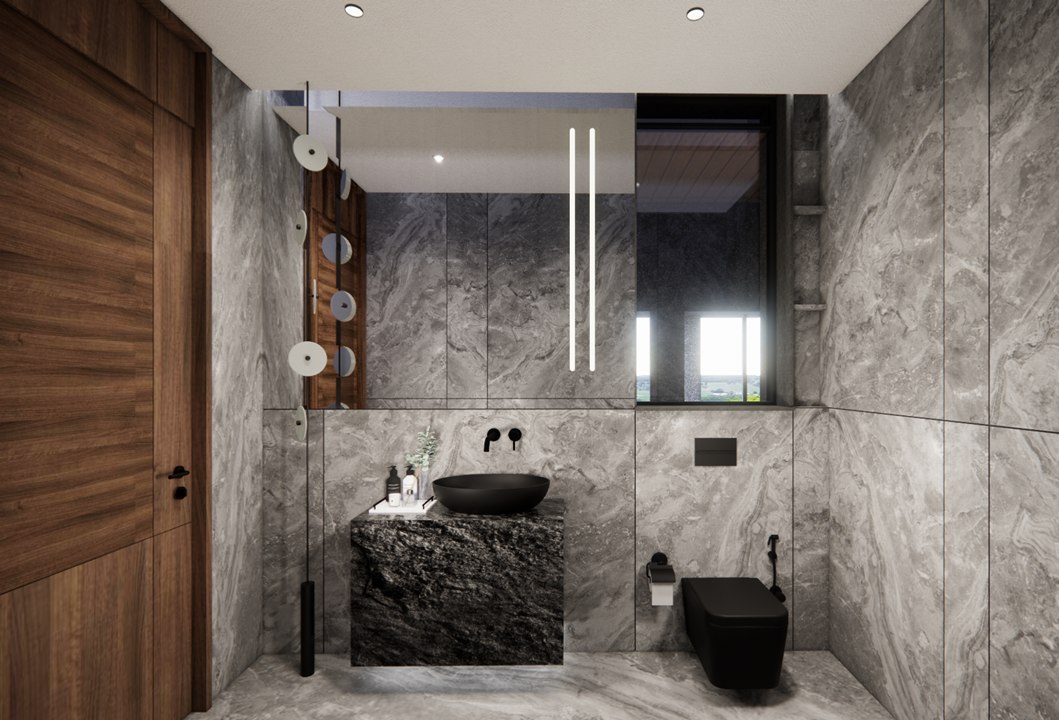 Powder room at The Stepped Haven with a black vessel basin on a rough-cut stone plinth and grey marble walls