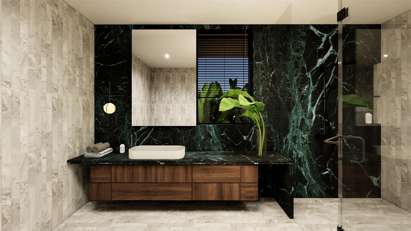 Bathroom at The Stepped Haven with a green marble feature wall, a floating walnut vanity and a window onto planting