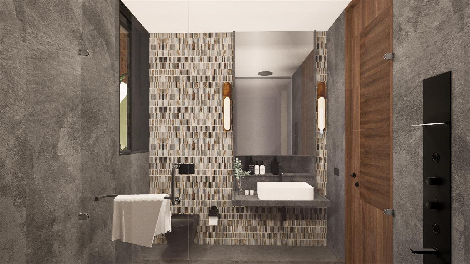Bathroom at The Stepped Haven with a glass mosaic wall, a floating basin and walnut door beside slate-grey walls
