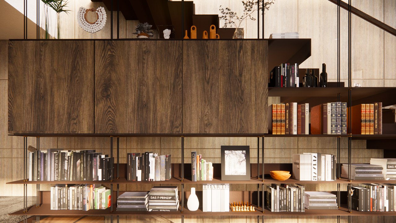 Library under the staircase with walnut cabinets and suspended steel shelving lined with books