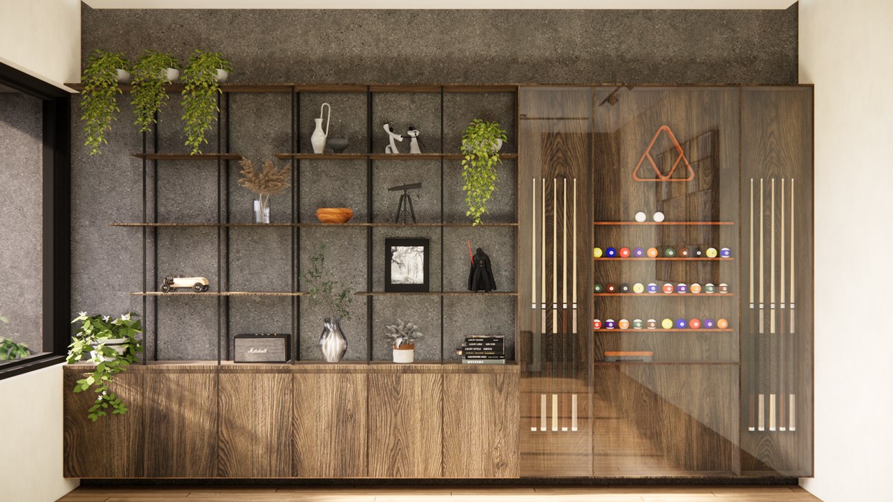 Games room display wall with steel open shelving and a glass cabinet holding billiard cues and balls
