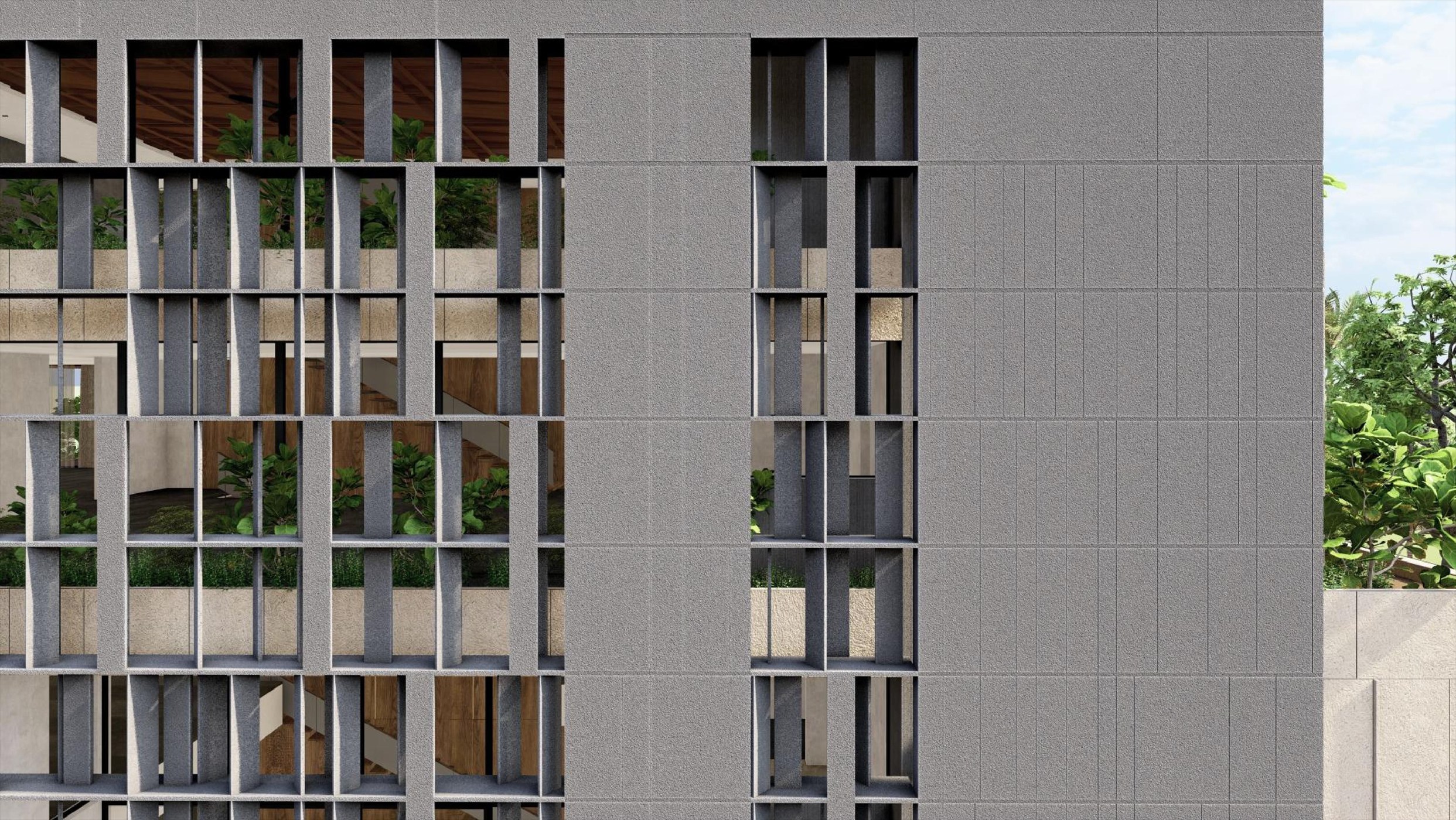 Close-up render of the stone screen façade at The Stepped Haven, with the angled fins framing views of the interior